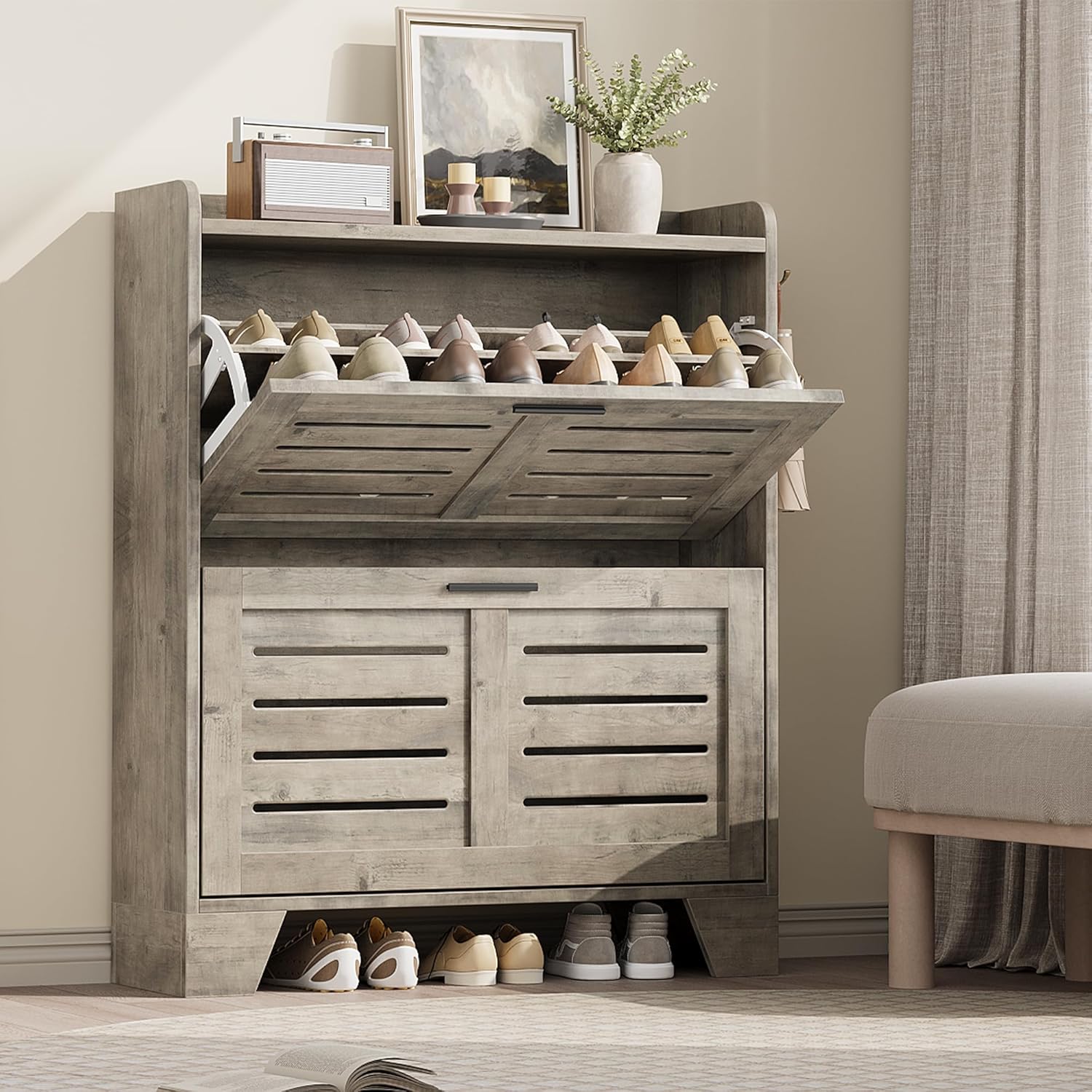 GAOMON Gray Narrow Shoe Cabinet Two Flip Drawers with Hooks Slim Freestanding Entryway Shoe Storage