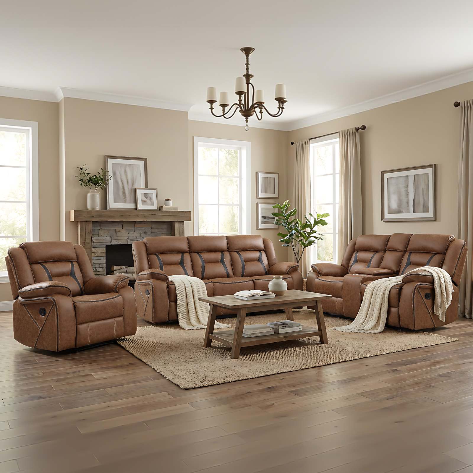 Canmov Faux Leather Manual Recliner Sofa Set Reclining Sofa Chair with Armrest and Backrest Furniture for Living Room Bedroom