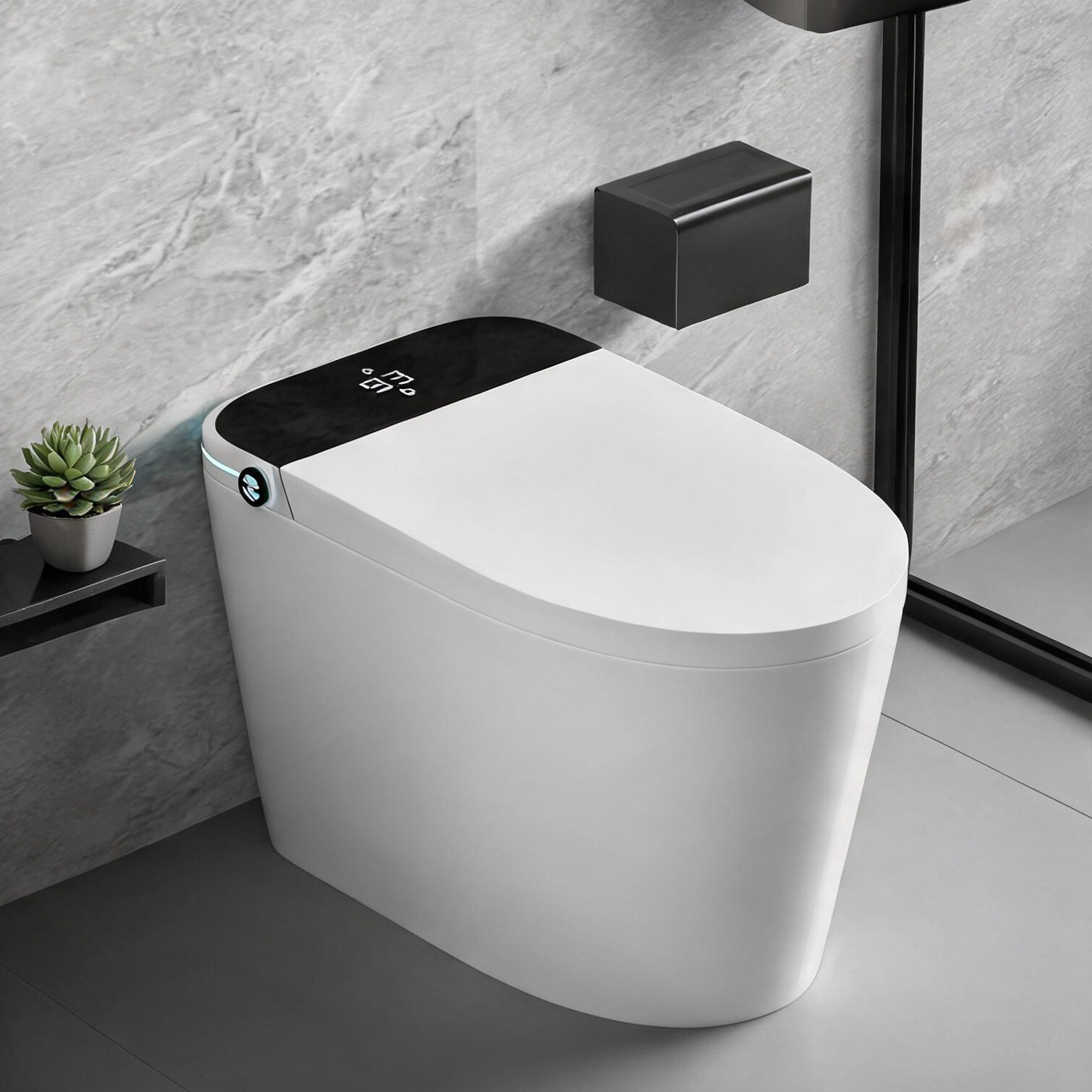 SunJet - Elongated Smart Toilet in White Porcelain with Bidet and Foot Sensor Rear Outlet 26.75 x...