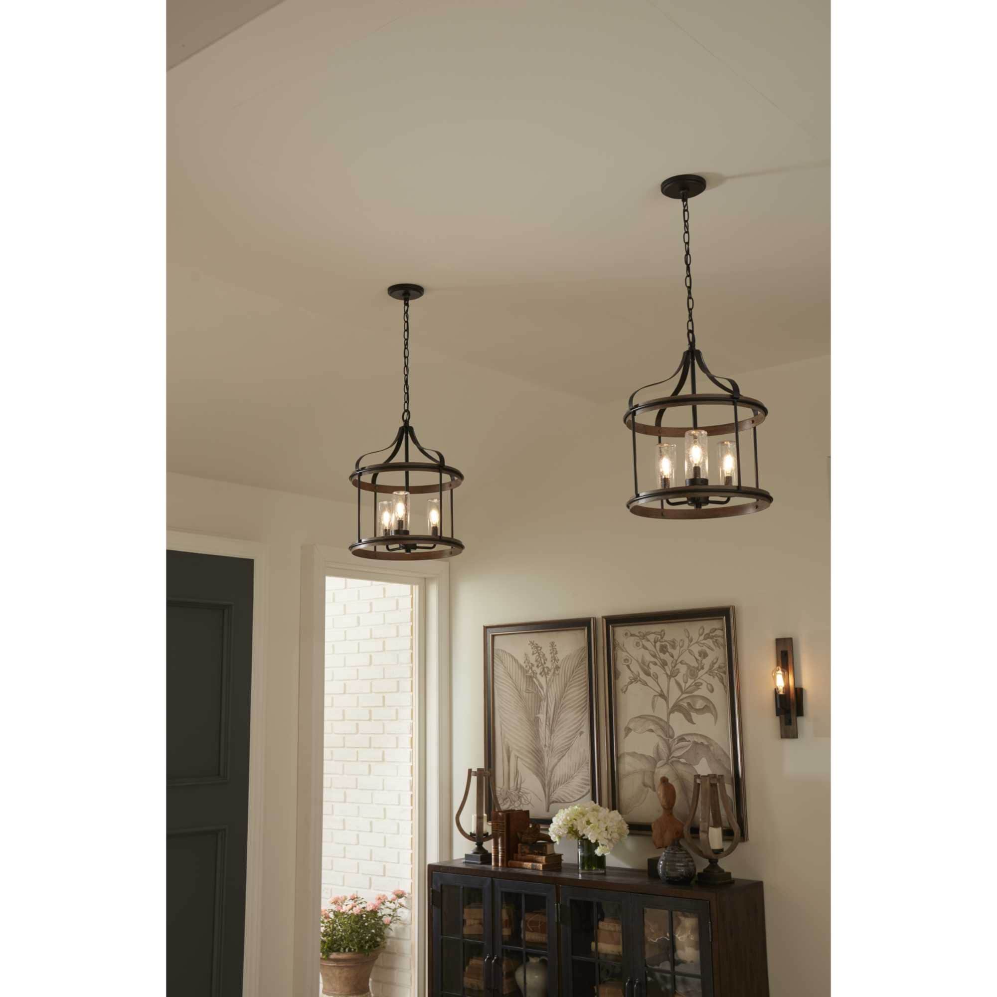 Brenham Matte Black 3-Light Farmhouse Pendant with Seeded Glass