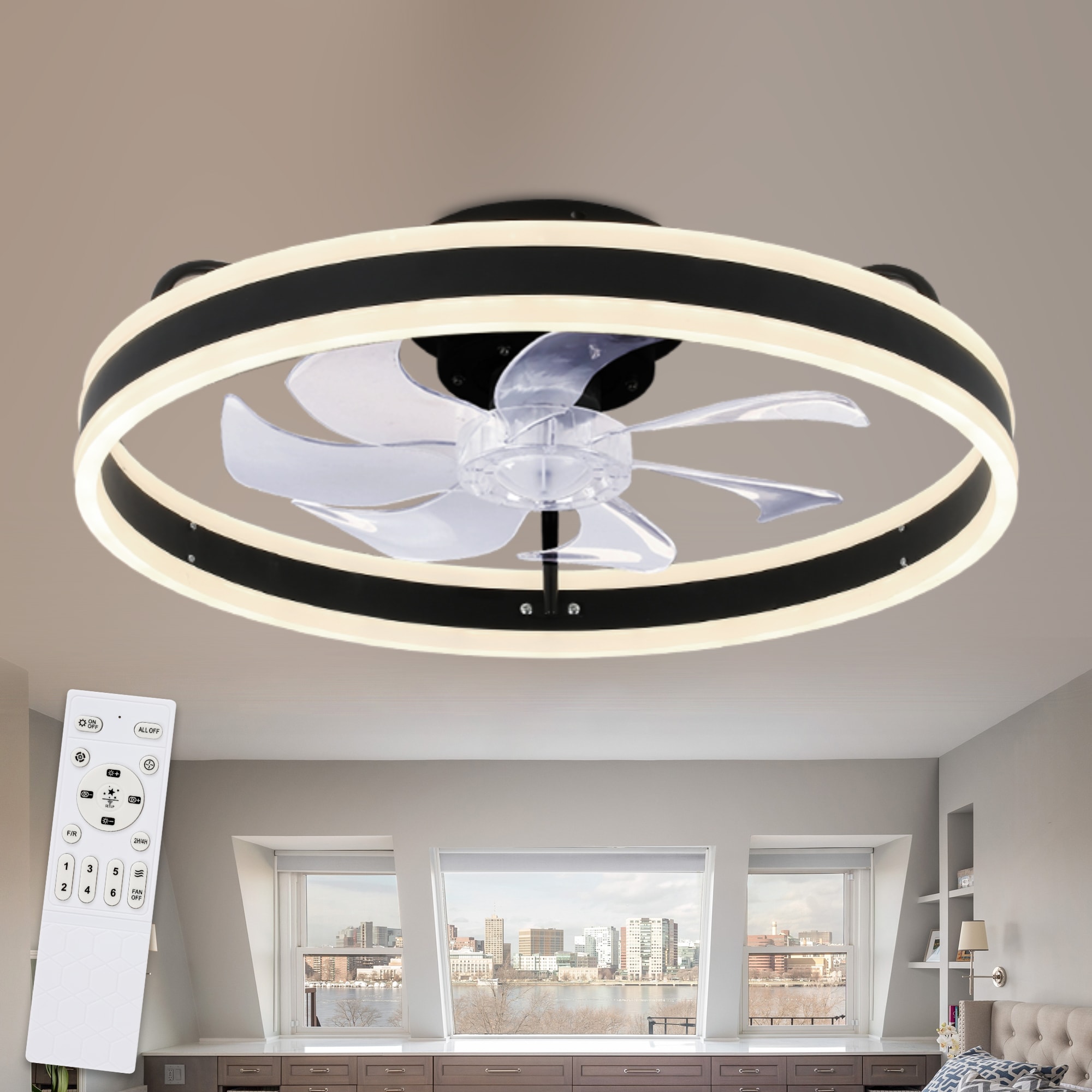 Bella Depot Low Profile 19-in Black with Clear Blades Color-changing Integrated LED Indoor Downrod or Flush Mount Smart Ceiling Fan with Light and Remote (7-Blade) DC2002 Sansujyuku sansujyuku.com