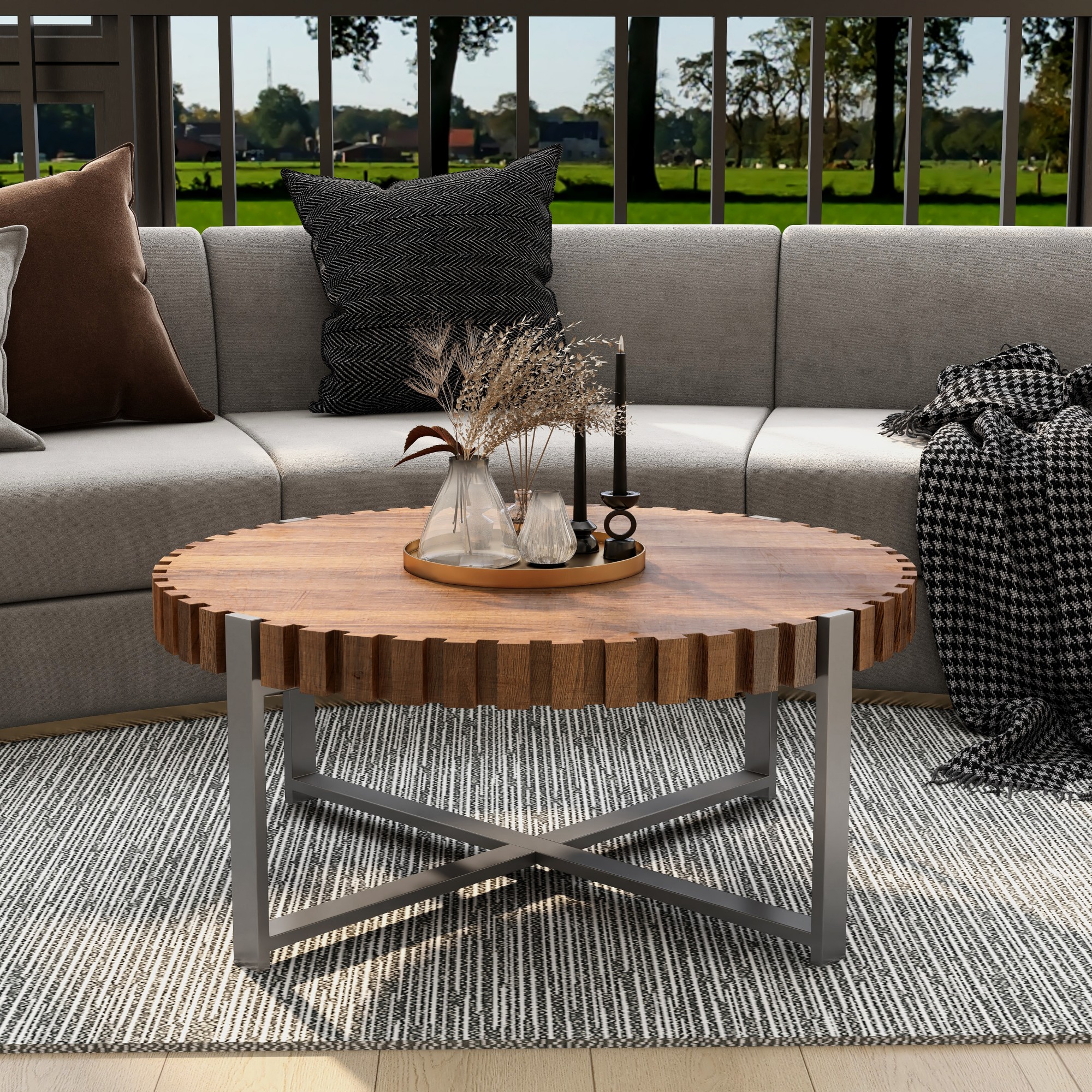 GDFStudio Elvara 31 in. Minimalist Drum Base Design Round Coffee Table with Fluted Wood Edges and Stable Metal Frame - Natural Wood Finish