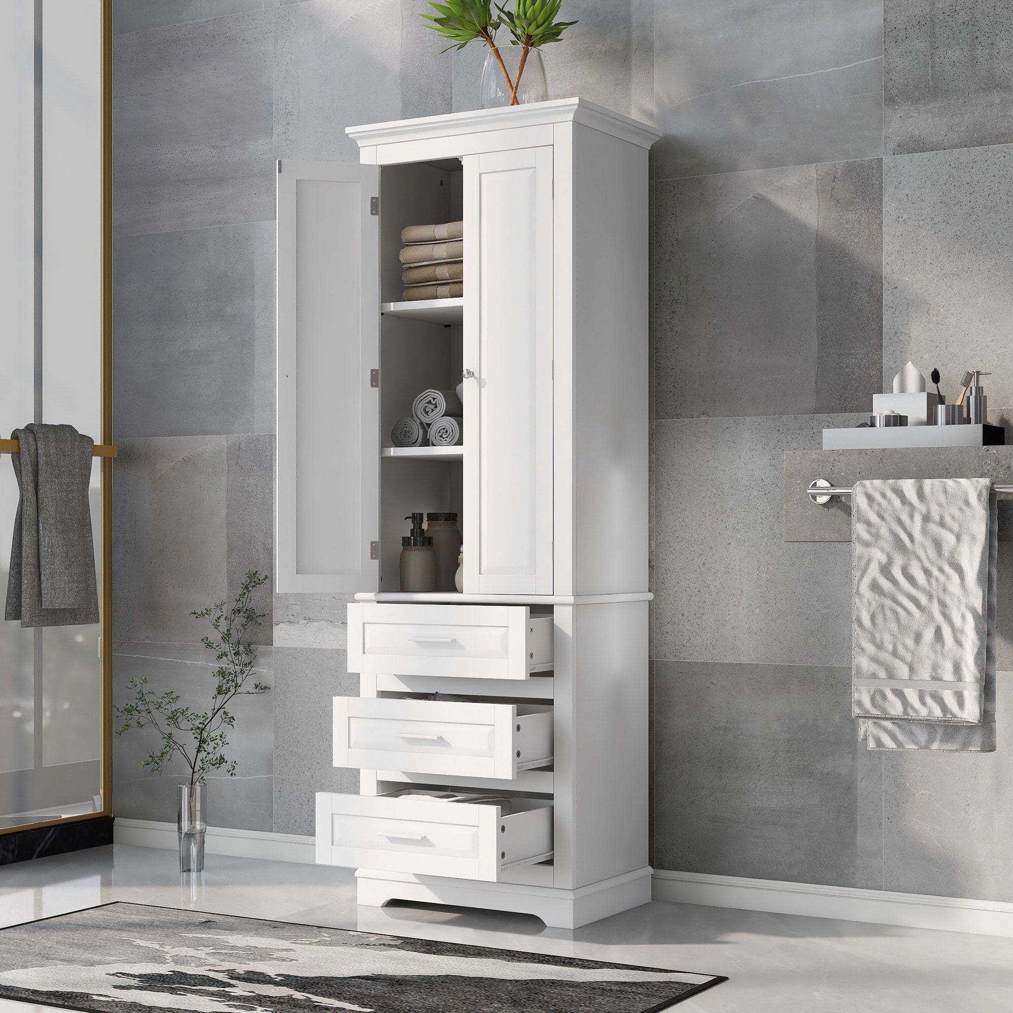 Dexmalle  Tall Storage Cabinet with Three Drawers for Bathroom Or Office