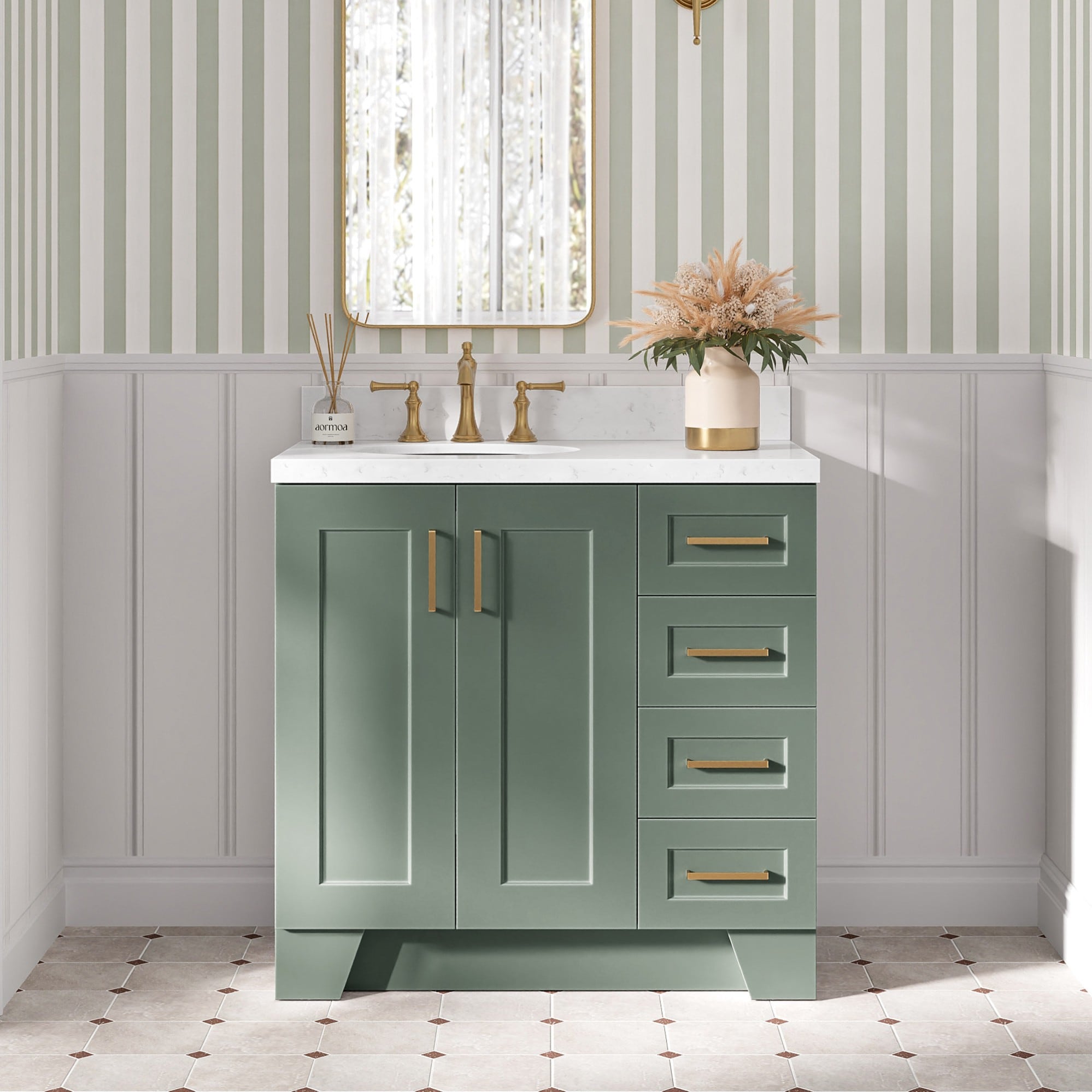 ARIEL - Taylor 36-in Vintage Green Undermount Single Sink Bathroom Vanity with Carrara White Quar...