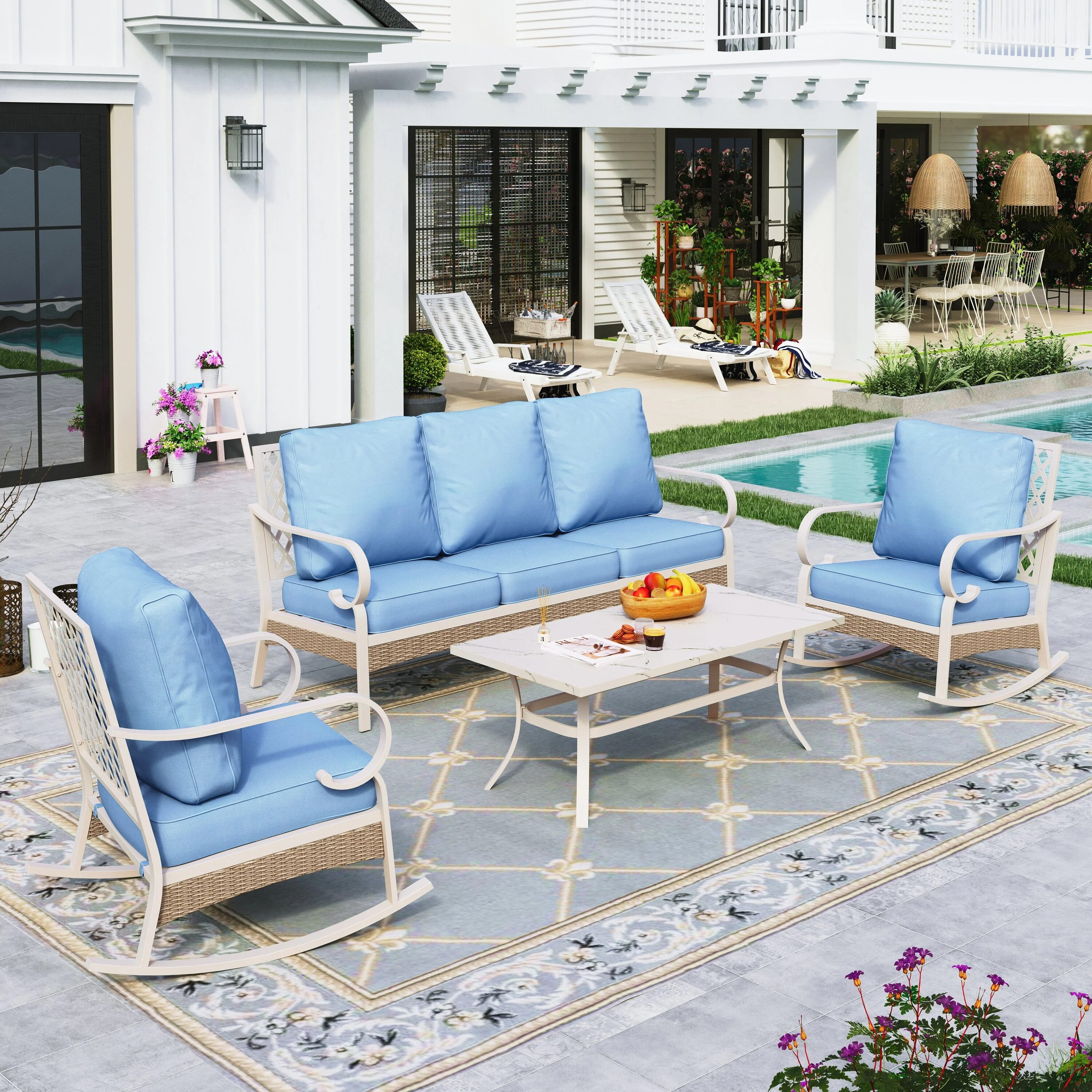 Sunshine Valley CP002-02-5-BL 4-Piece Wicker Patio Sofa Conversation Set with Blue Cushion Pro Cushions