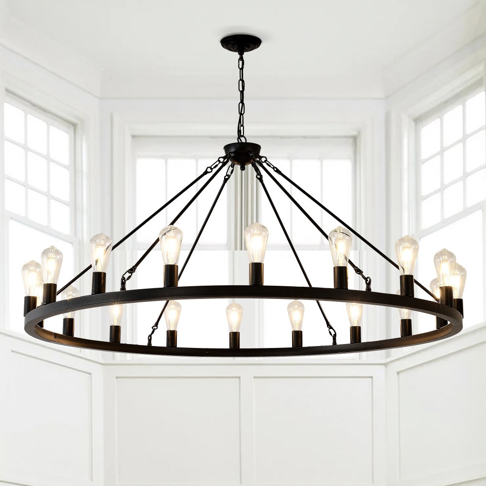 Basdien 53 in Black Wagon Wheel Chandelier 18 Light Bulbs Not Included E26 Base Farmhouse Industrial for Dining Room Living Room Kitchen High Ceiling Adjustable Height 3 Chains Easy Install Large Size Home Decor Rustic Style Ceiling Light