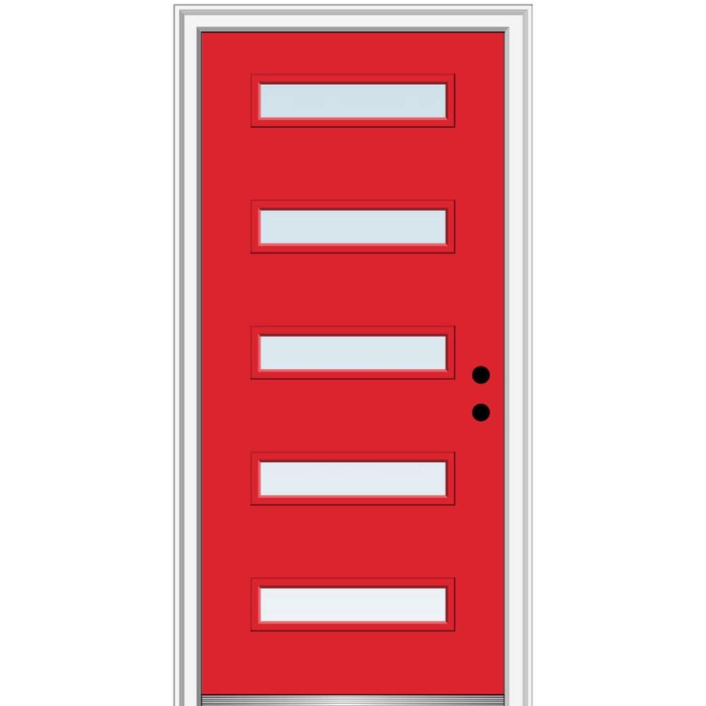MMI DOOR ZZ346437L Spotlights 32-in x 80-in x 4-9/16-in Fiberglass Pulse lite Left-hand inswing Red Saffron Painted Prehung Front Door with Brickmould Insulating core