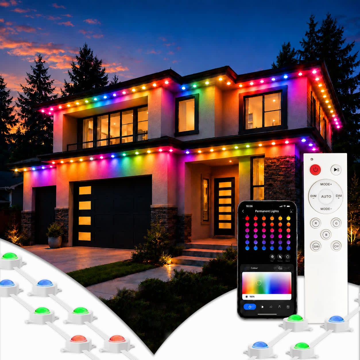 Novelty Lights 50ft RGBWW Permanent IP68 Outdoor Soffit Lights White Wire RGBW App Voice Music or Remote Control 3x16.6ft Lengths For Up To 36 LED Nodes