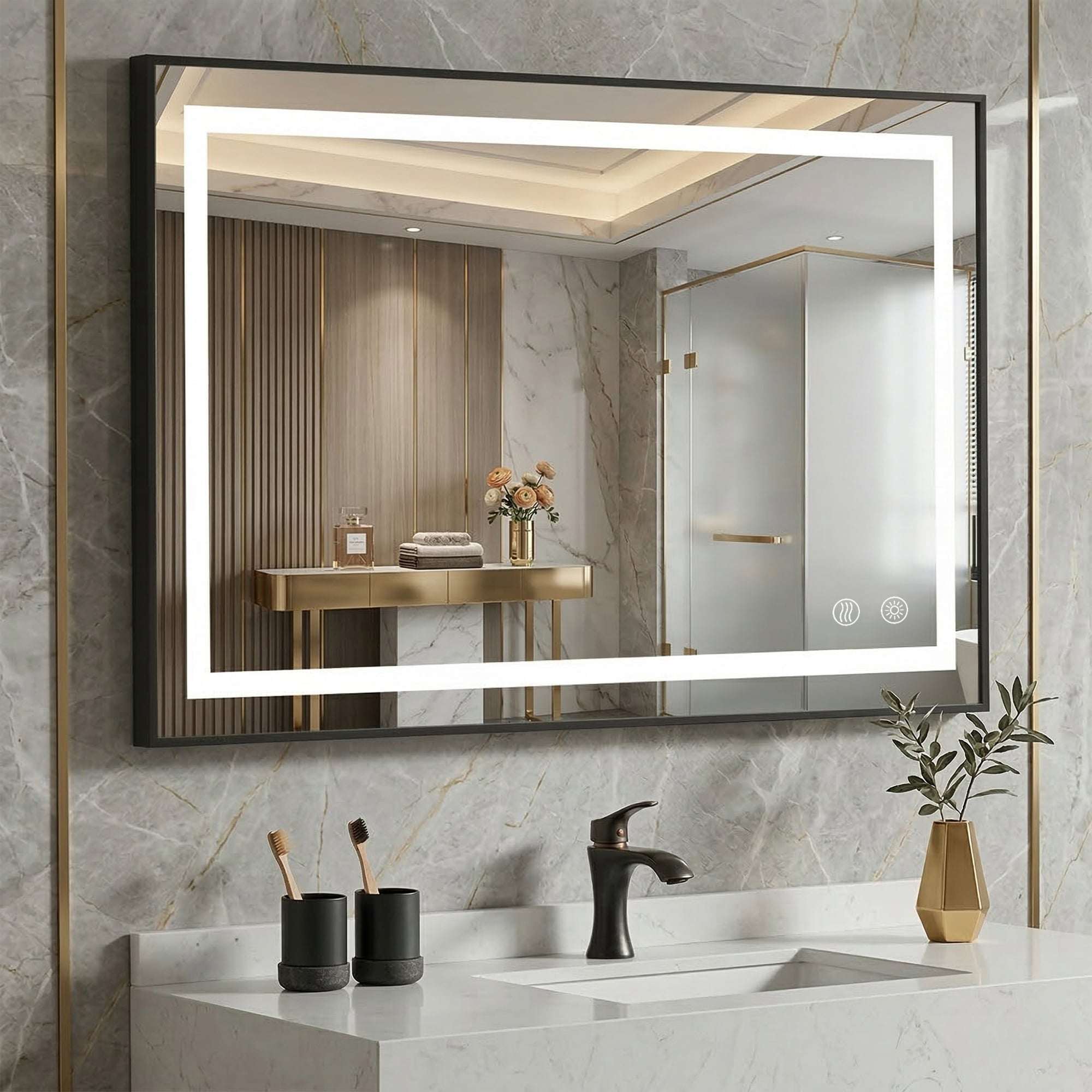 Wooakway 30-in W x 36-in H Rectangular Black Framed LED Bathroom Mirror with Dimmable Anti-Fog Backlit and Front-Lighted Wall Mount Design