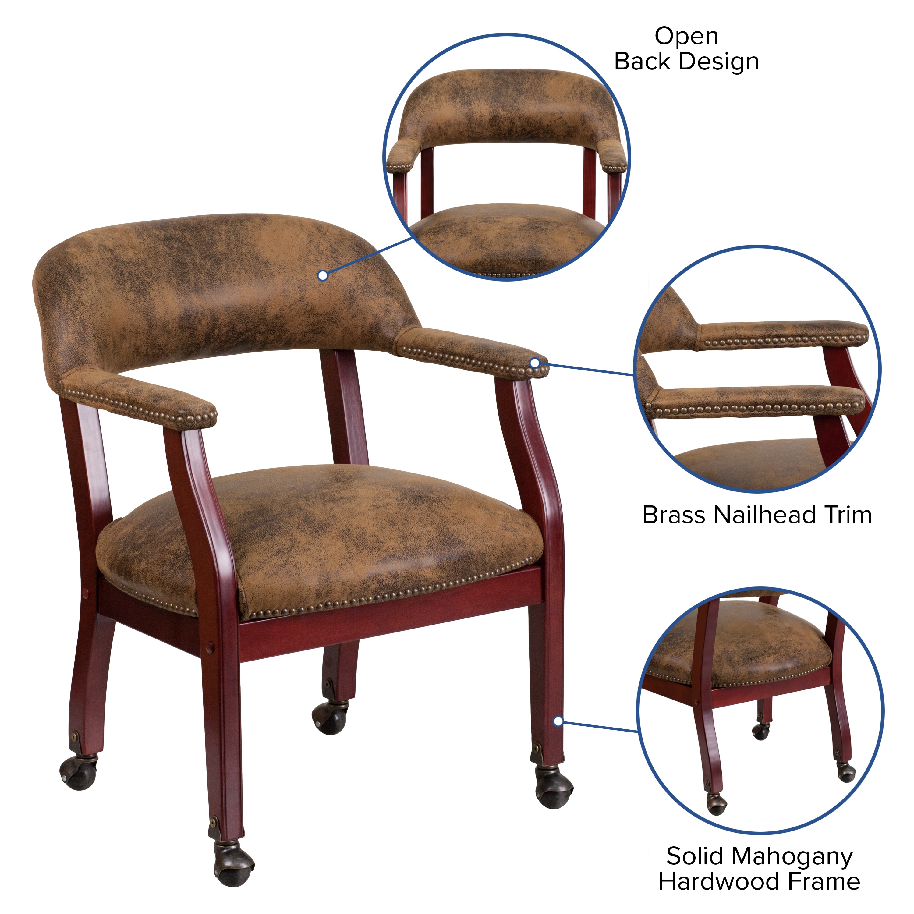 Elegant Bomber Jacket Brown Microfiber Conference Chair with Brass Accents