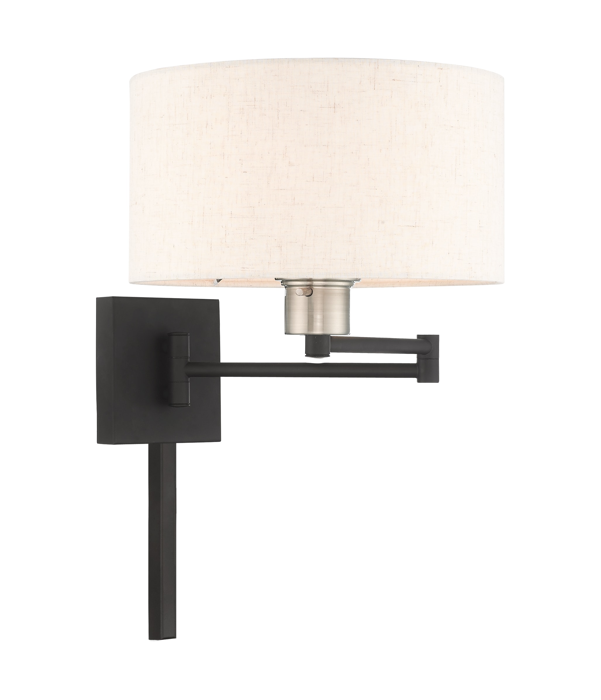 Black Steel Swing Arm Wall Lamp with Oatmeal Fabric Shade