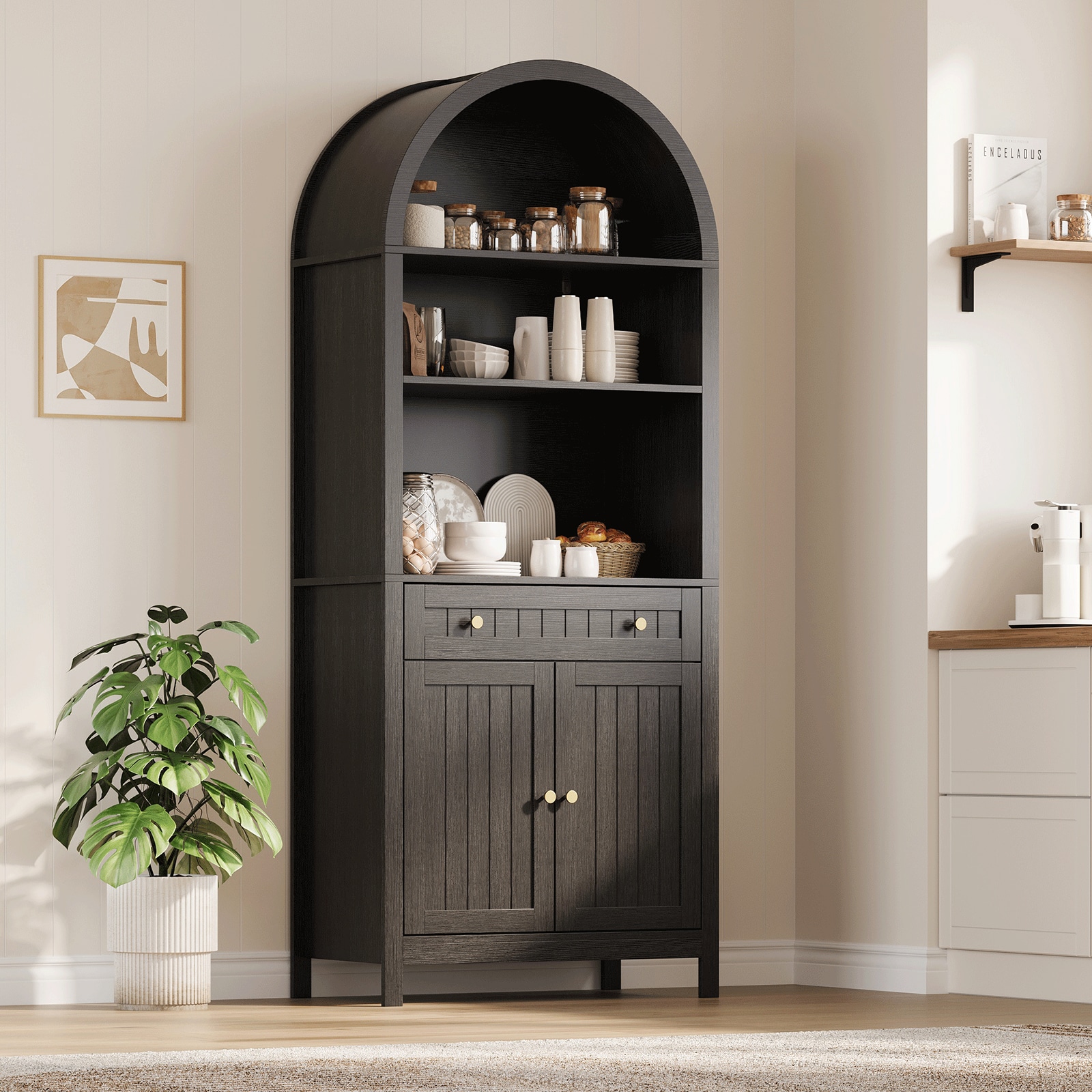 GarveeLife Modern Farmhouse 73 Inch Tall Arched Kitchen Pantry Cabinet Freestanding Storage Cabinet with Drawer Arched Bookcase #BWR-AWYETY