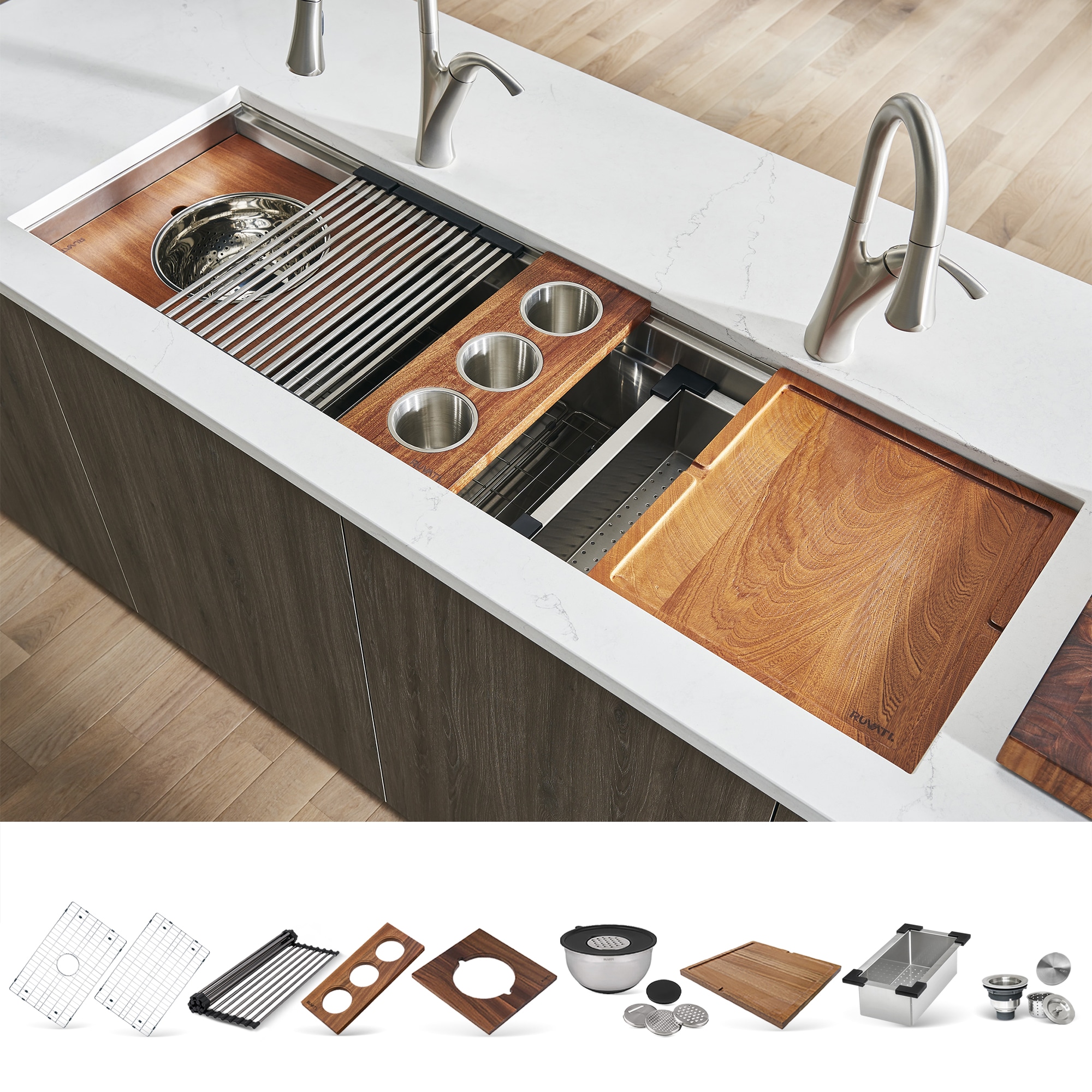 Ruvati RVH6333ST Dual-Tier Undermount 45-in x 19-in Stainless steel Single bowl 16 -Gauge Workstation Kitchen Sink