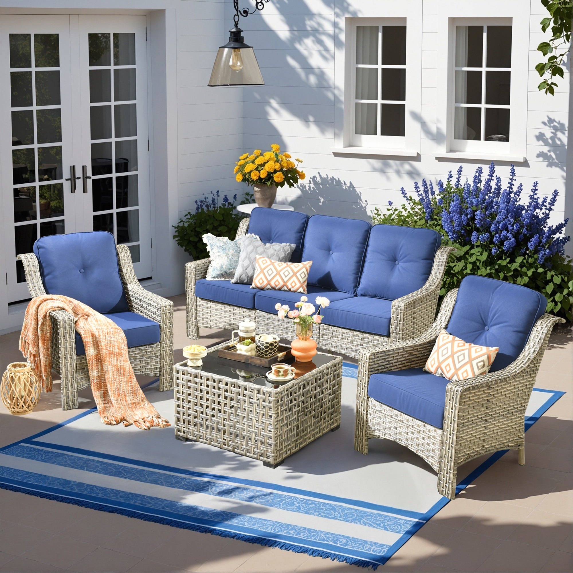 Caodoc L5-PAD704-T New right-Angles Rattan Outdoor Sectional with Blue Cushions and Rattan Frame
