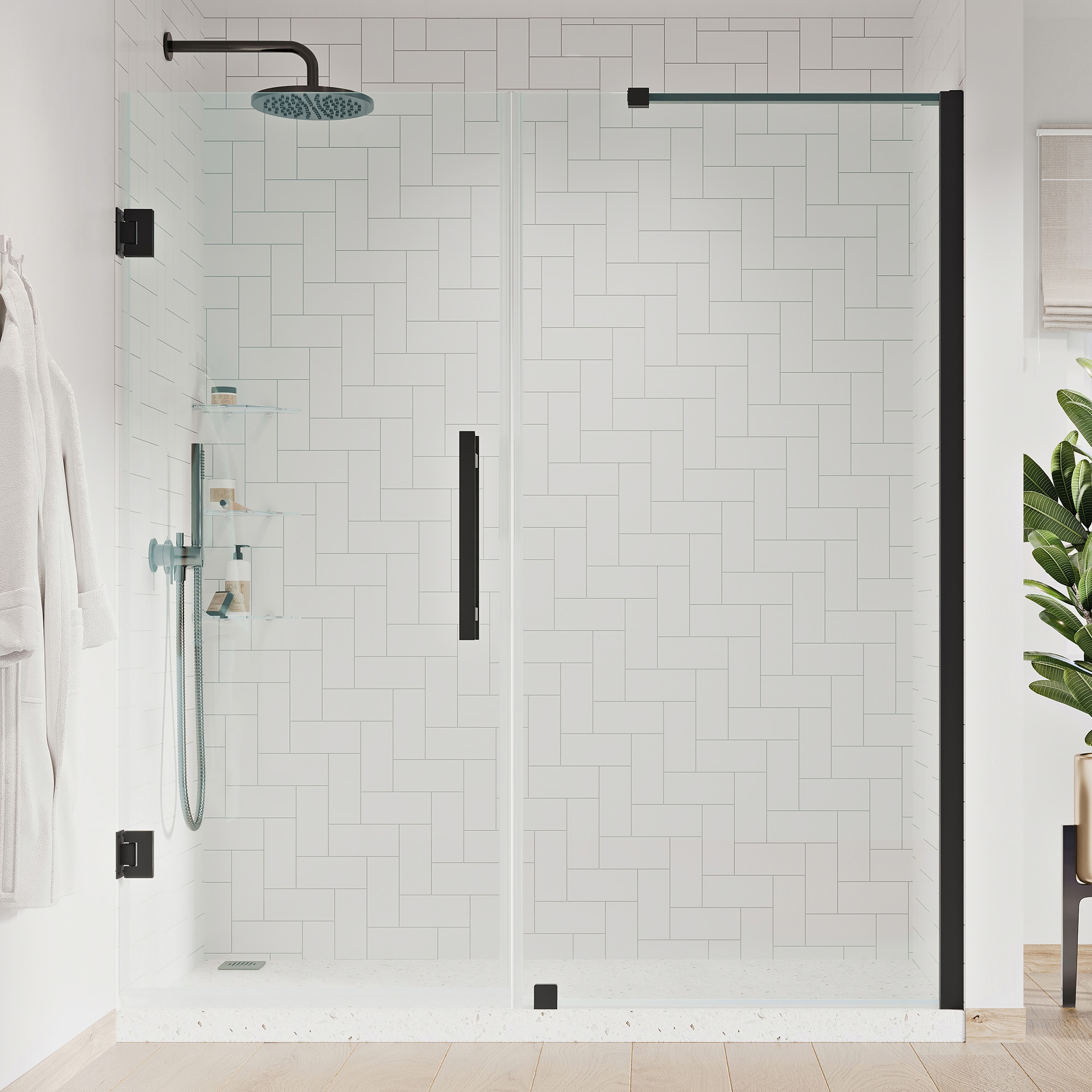 OVE Decors 828796067386 Tampa-Pro Matte black 57-3/16-in to 58-3/8-in W x 72-in H Frameless Pivot Shower door 5/16-in Thick Clear Glass