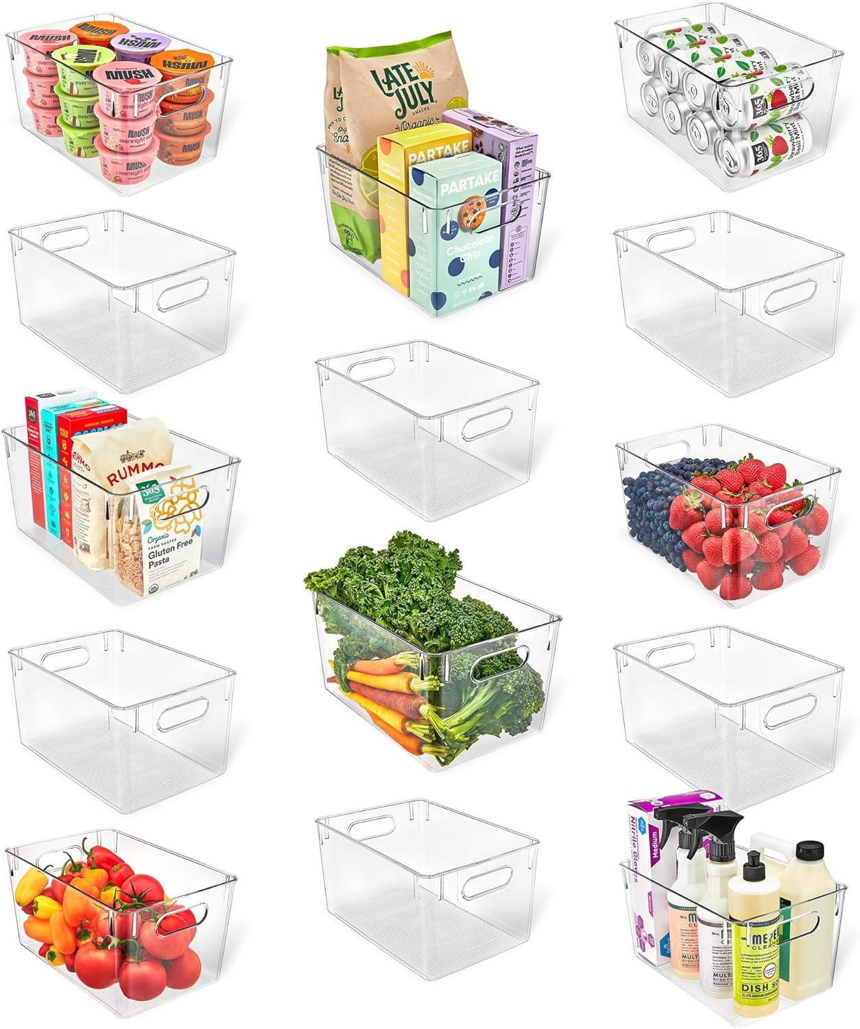 Life Master Refrigerator Storage Bins Clear Stackable Fridge Organizer Large Capacity Multi Purpose Kitchen Pantry Storage Containers with Easy Grip Handles Durable PET Plastic Pack of 14