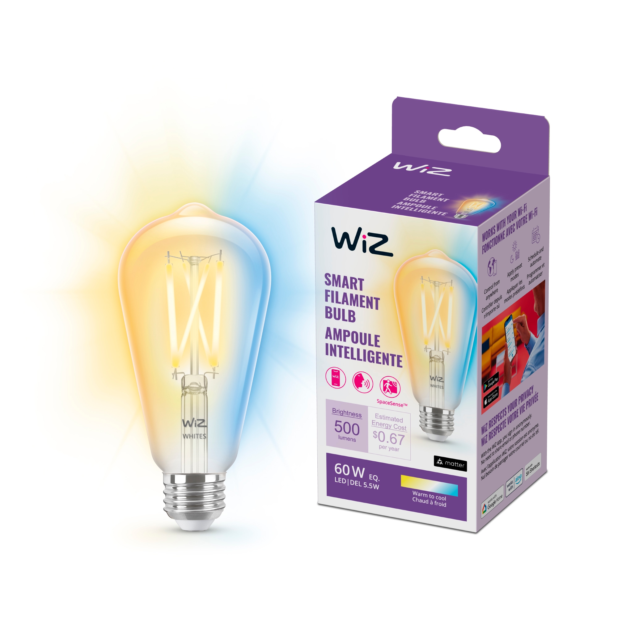 WiZ Tunable White 60-Watt EQ ST19 Tunable White E26 Dimmable Smart LED Decorative Light Bulb