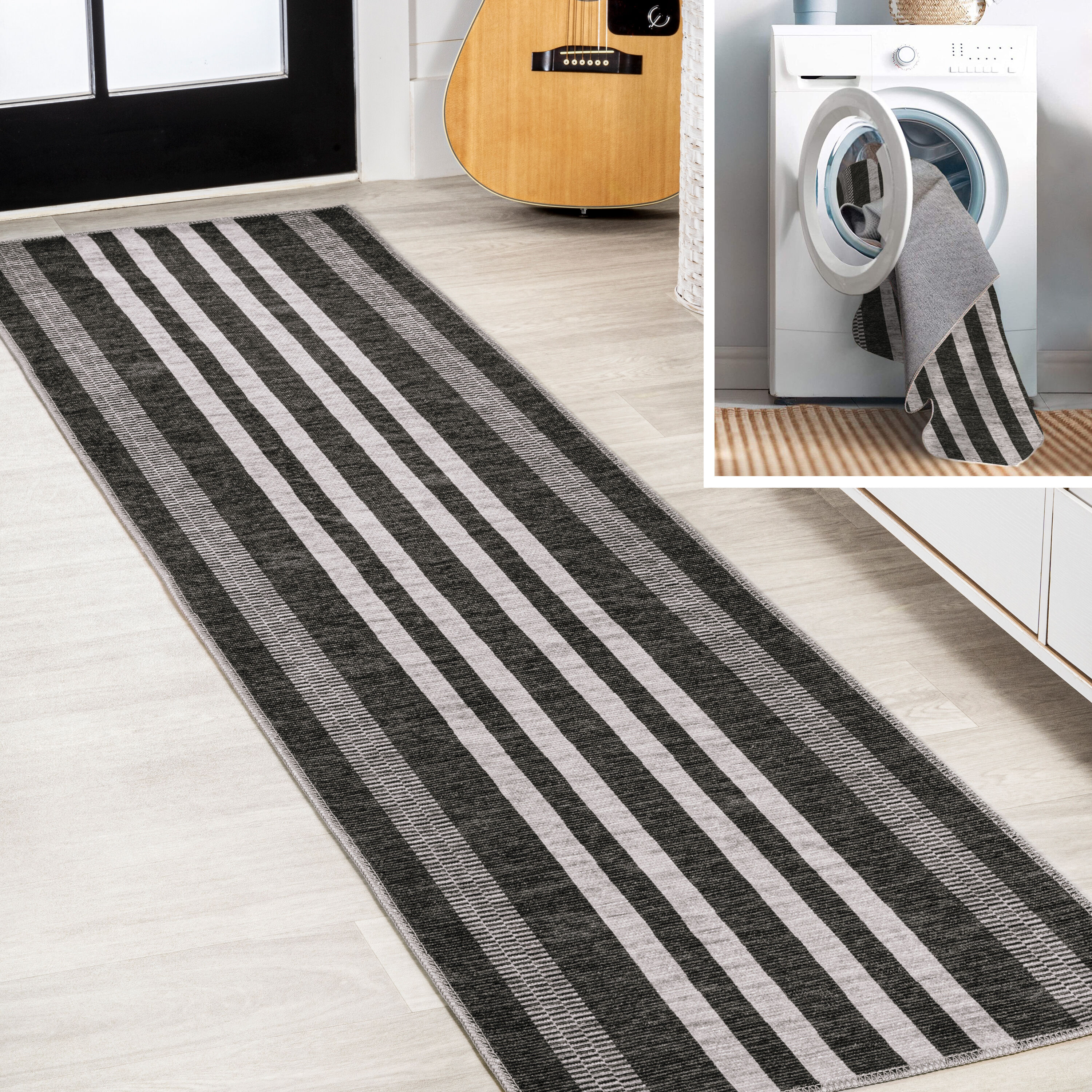 JONATHAN  Y WSH122A-28 WASHABLE Vichy Geometric Striped 2 x 8 (ft) Loomed Polypropylene Black/Ivory Rectangular Indoor Abstract Farmhouse/Cottage Machine washable Runner rug