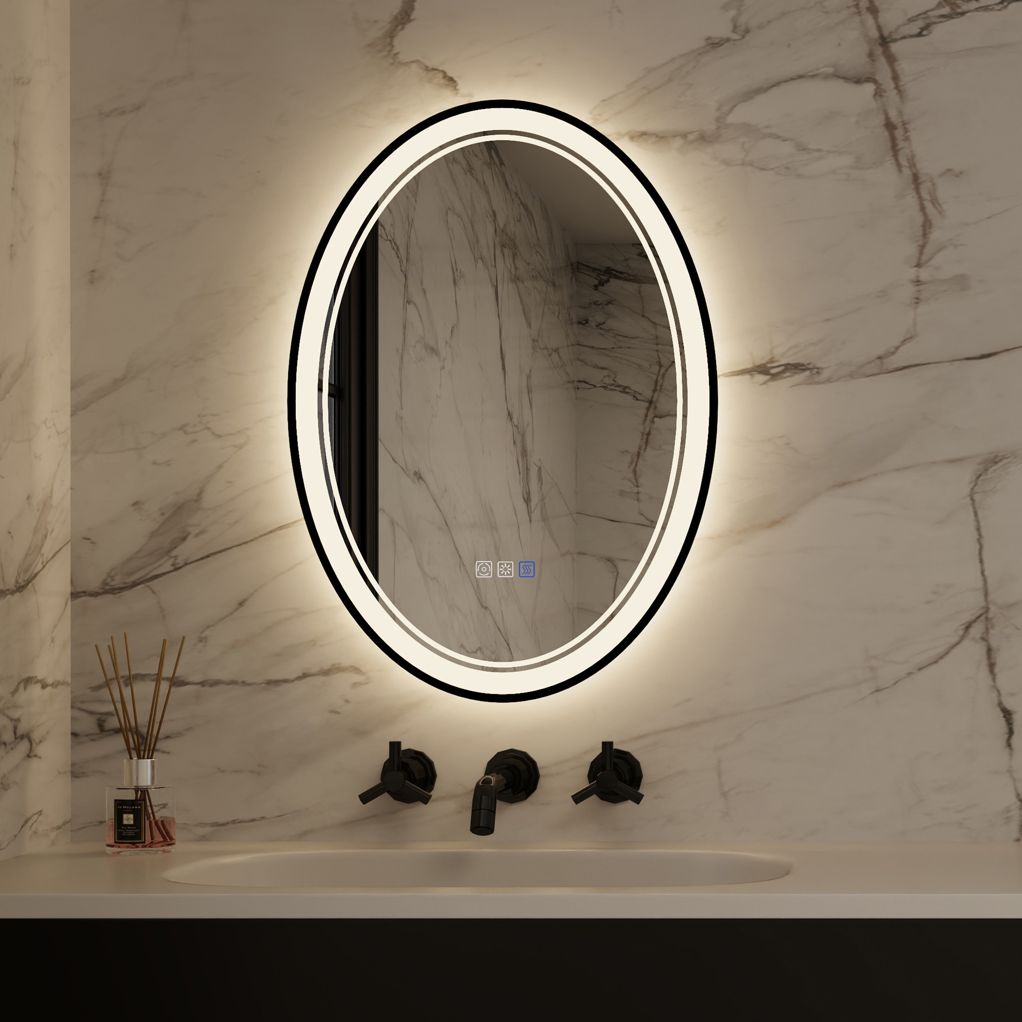 ExBrite FXBM2436FB BlackLine 20-in x 28-in Polished Frameless Oval Dimmable LED Lighted Fog Free Bathroom Vanity Mirror ( White )