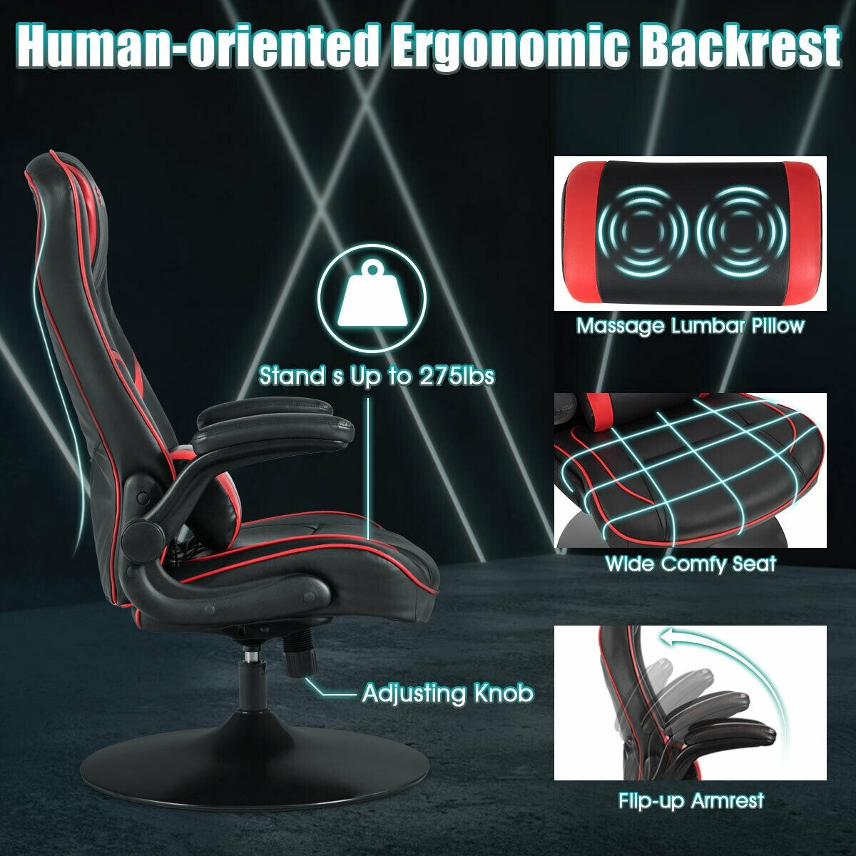 CASAINC Black and Red Contemporary Ergonomic Swivel Faux Leather Gaming ...