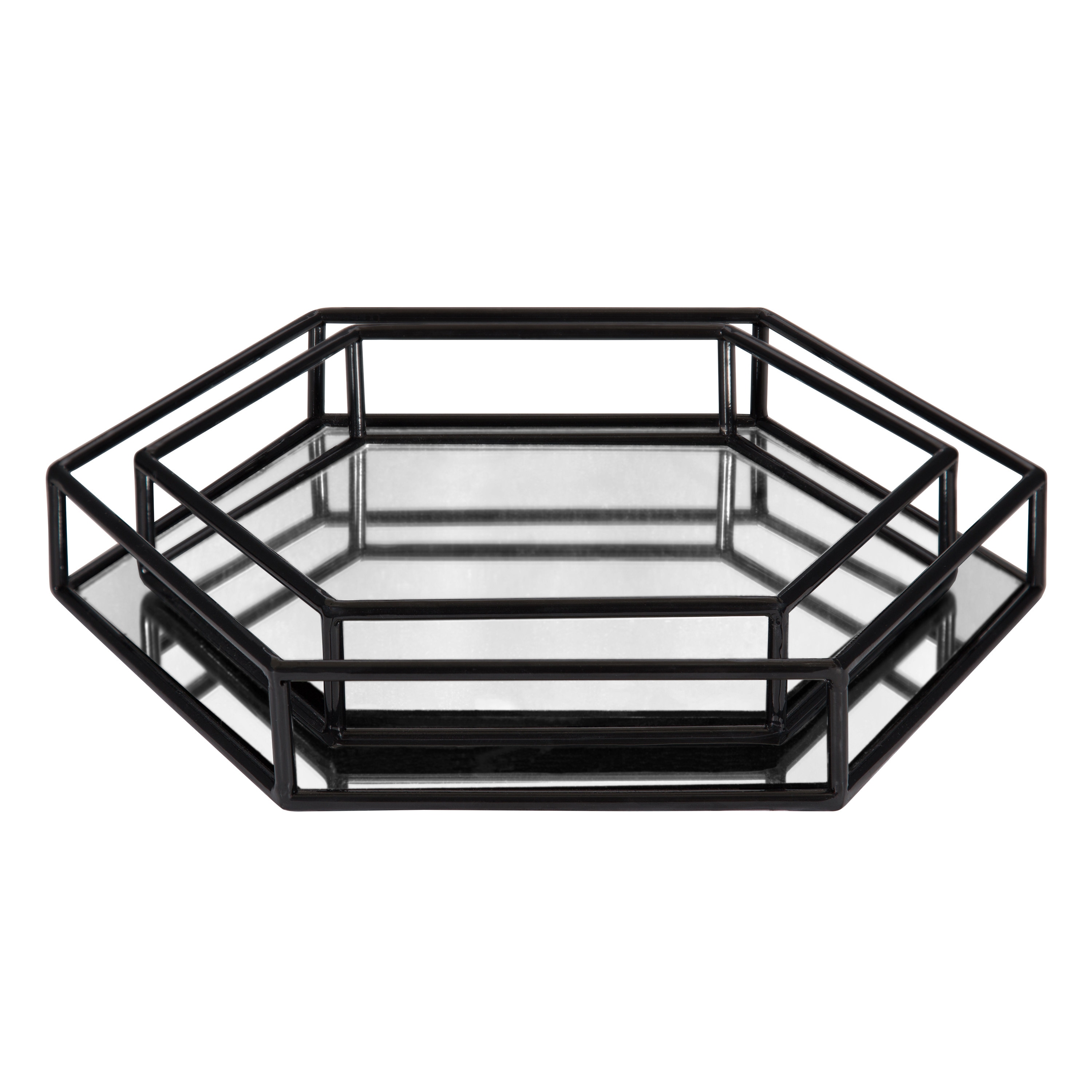 Black Hexagonal Metal and Mirrored Glass Decorative Trays, Set of 2