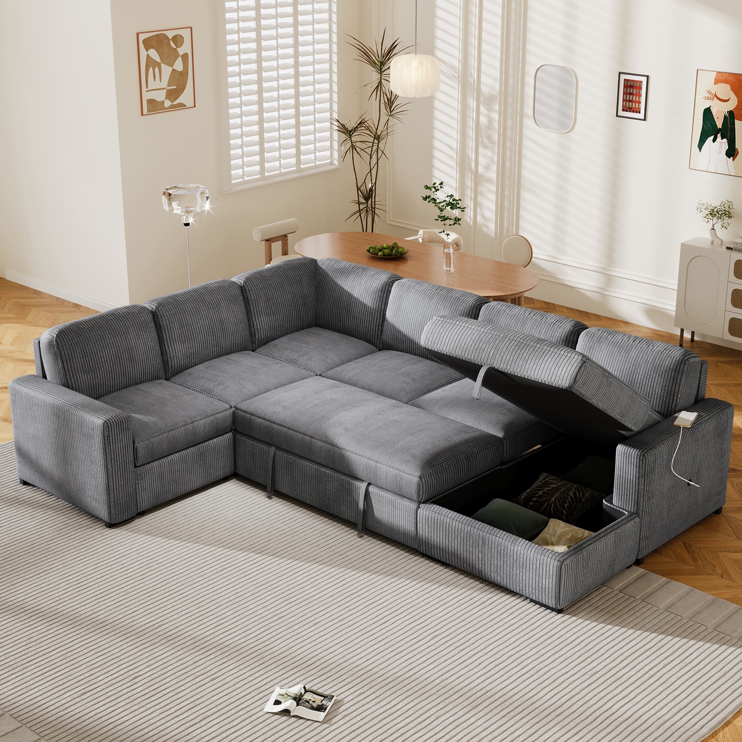 GZMR GZ-W247S00356 U-shaped Corduroy Combination Corner Sofa 116.5-in Modern Gray 6+ -seater Sofa