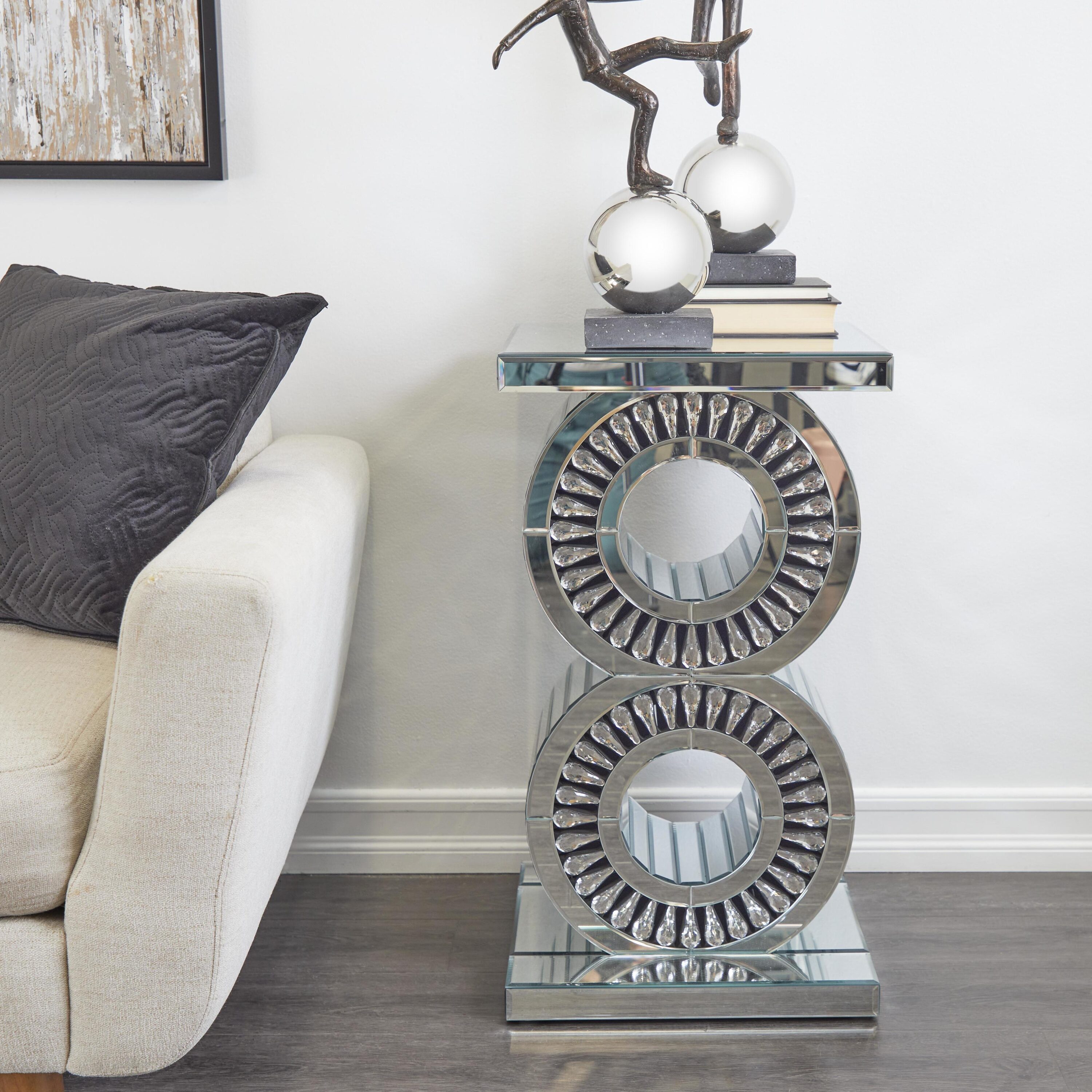 Grayson Lane 20755 16-Inches W x 28-Inches H Silver with Crystal Embellishment Mirror Round Glam End Table