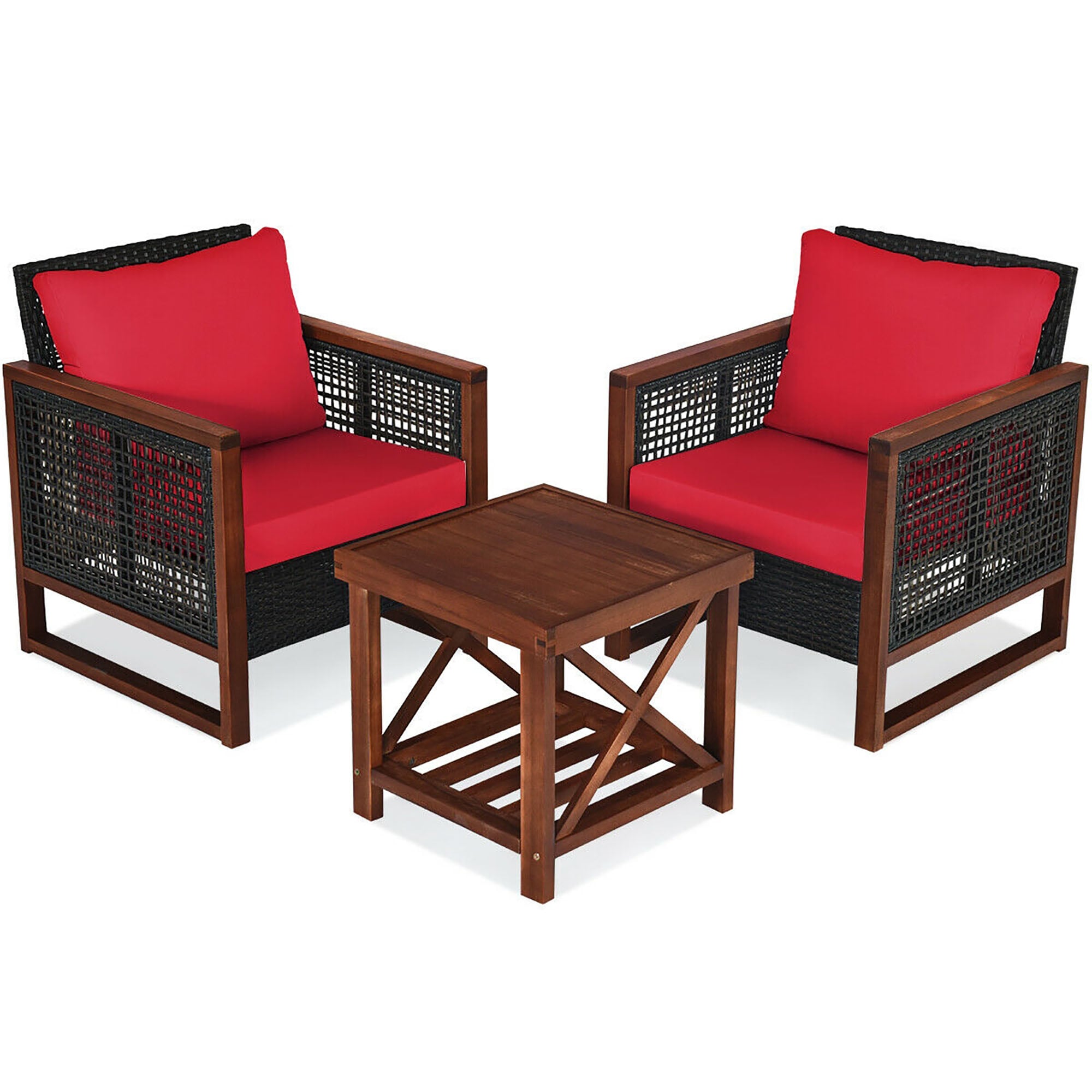 CASAINC CN-WFQ07-RD Patio Seating Sets 3 -Piece Wicker Patio Conversation Set with Red Cushions