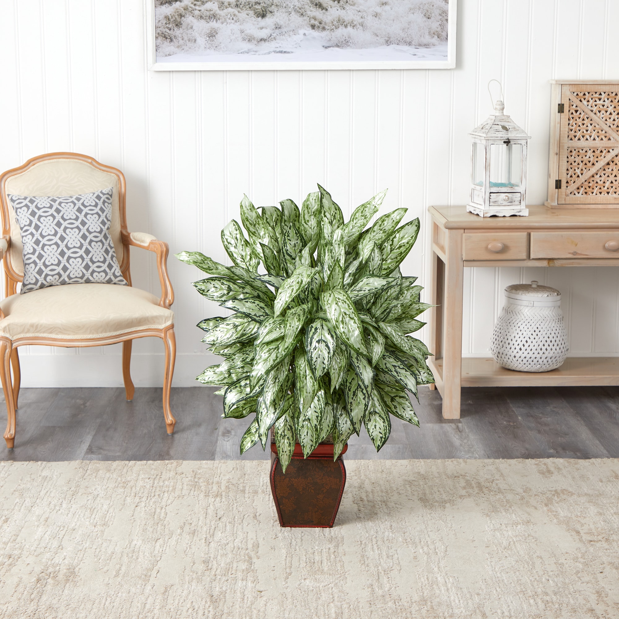 Nearly Natural Silver Queen with Decorative Planter Silk Floor Plant