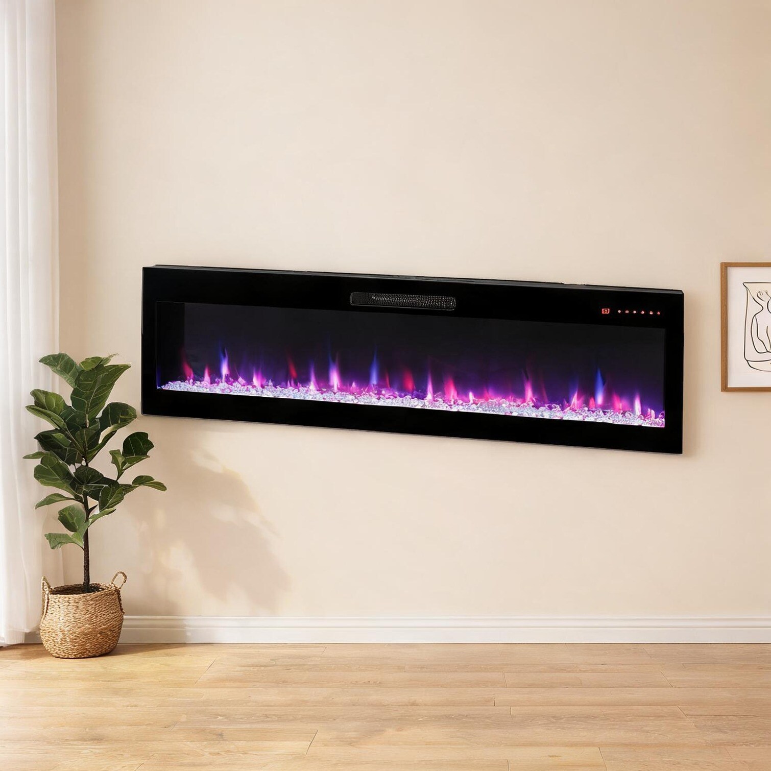 Watnature Deep black tempered glass and sheet metal electric fireplace heater with WiFi recessed or wall-mounted 60-inch