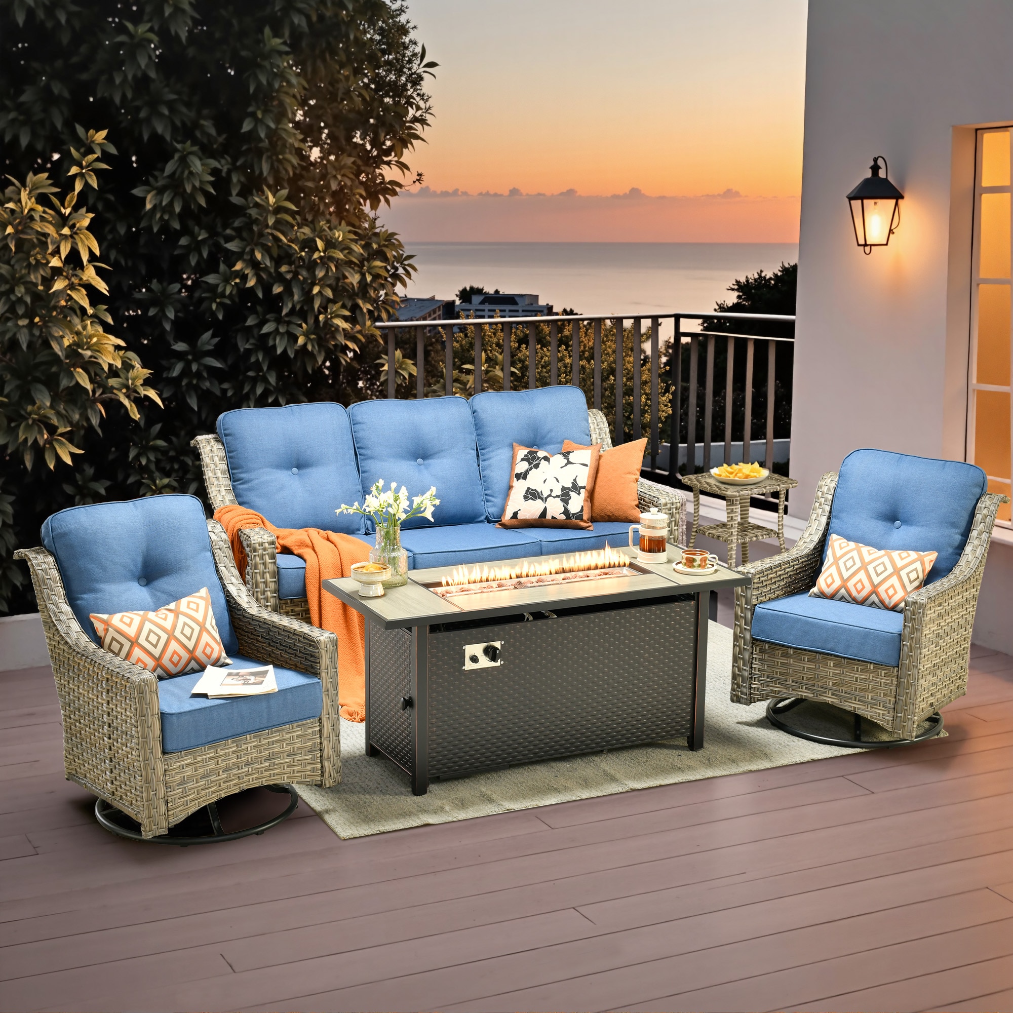 weaxty HMBCFP8503PADYZ5S5 Aireno 5 -Piece Wicker Patio Sofa Conversation Set with Blue Cushions
