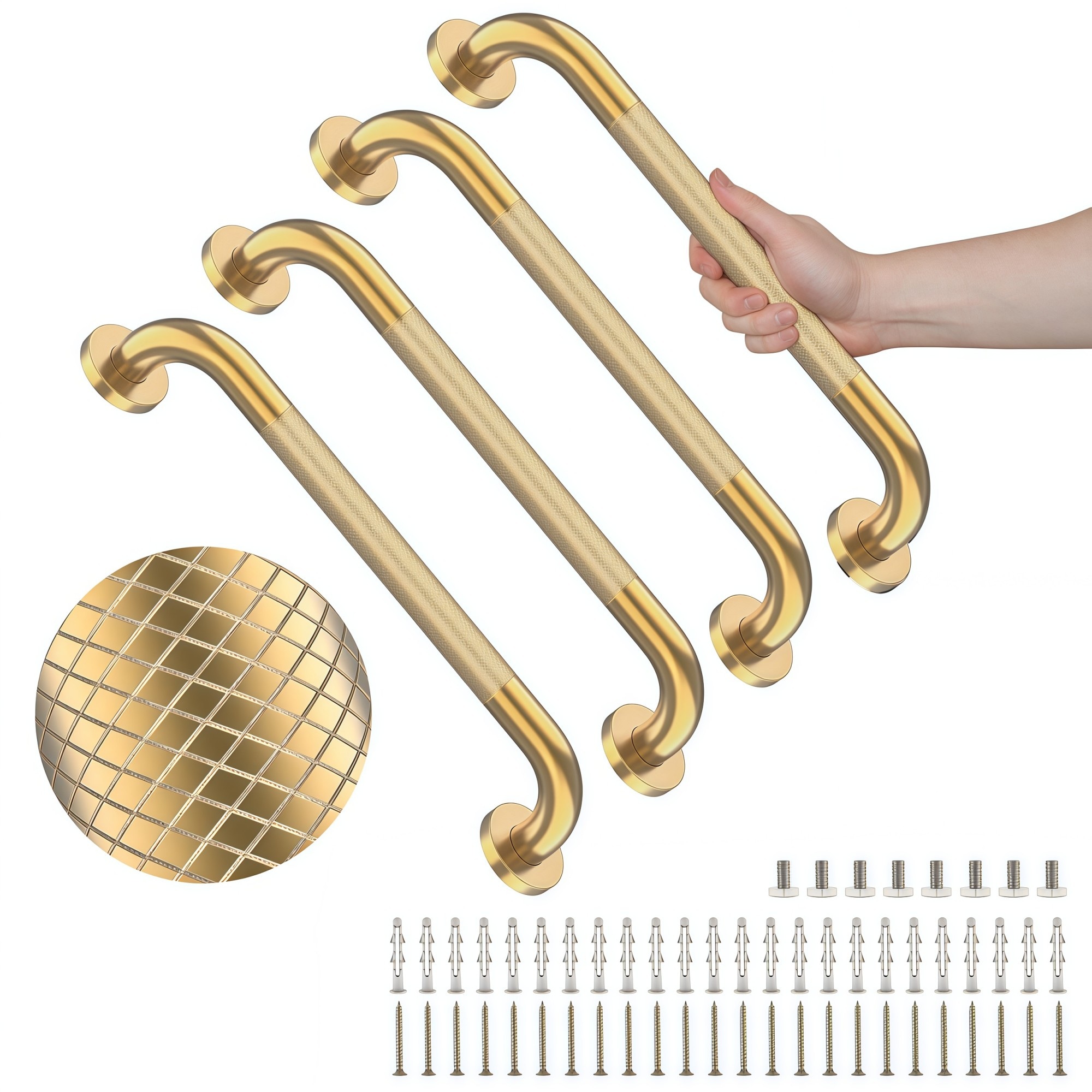 Numhew 20in L 1.25in W 4-Pack Knurled Grip Brushed Gold Shower Grab Bar