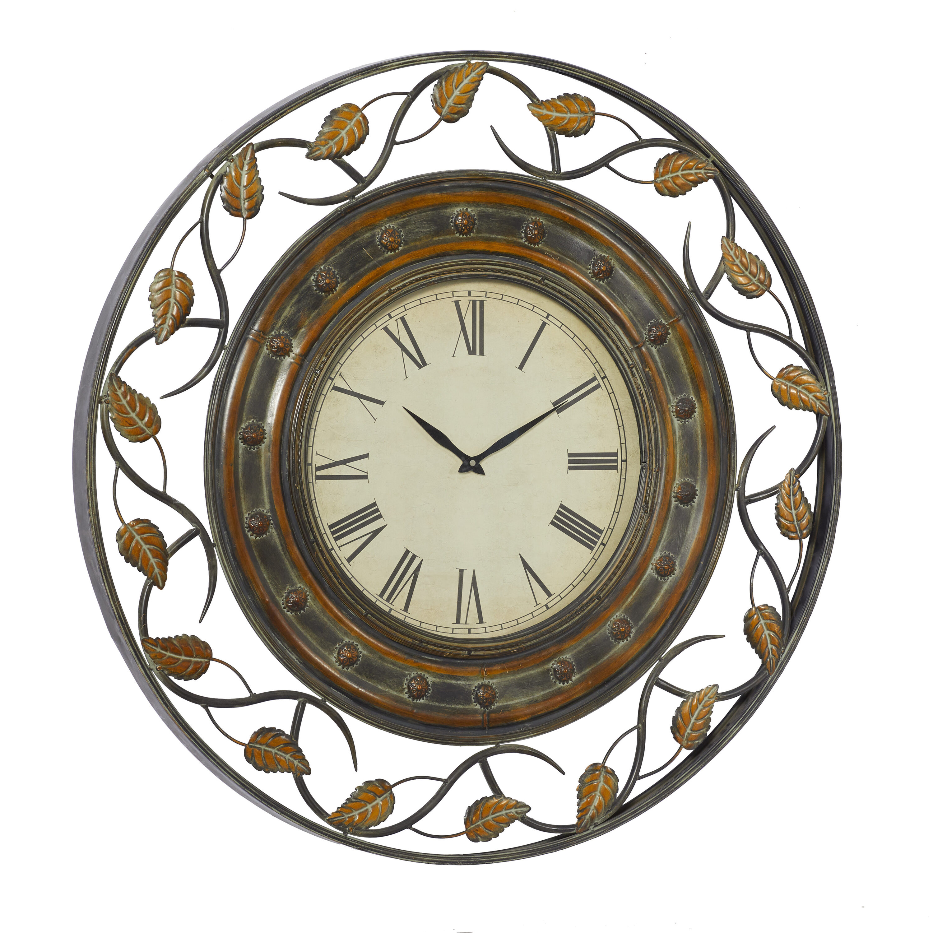 36'' Brown Metal Leaf Medallion Wall Clock with Scrolled Vines