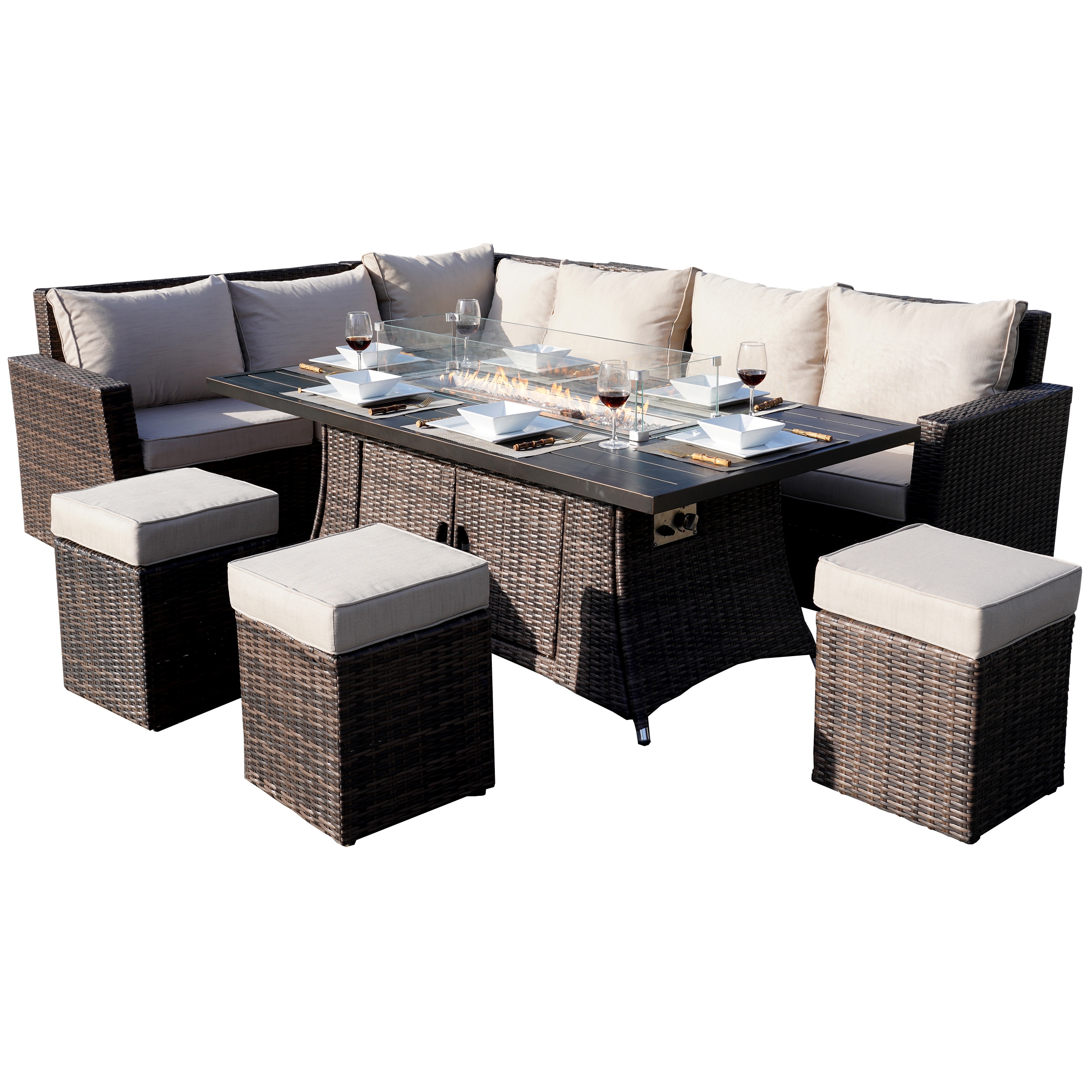 Moda Furnishings 1403-1106RA-B Jasmine 8 -Piece Brown Wicker Patio Dining Set Aluminum Rectangle Table with 2 Brown Cushions Stationary Chairs Fire Pit Included