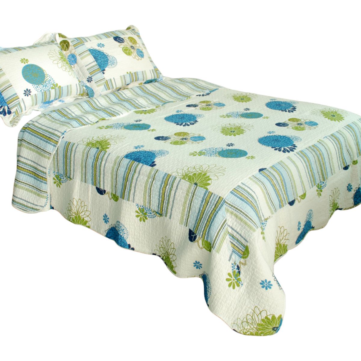 Slickblue - 3-Piece Blue Cotton Floral Vermicelli Quilted Reversible Full/Queen Set for Bedroom Use