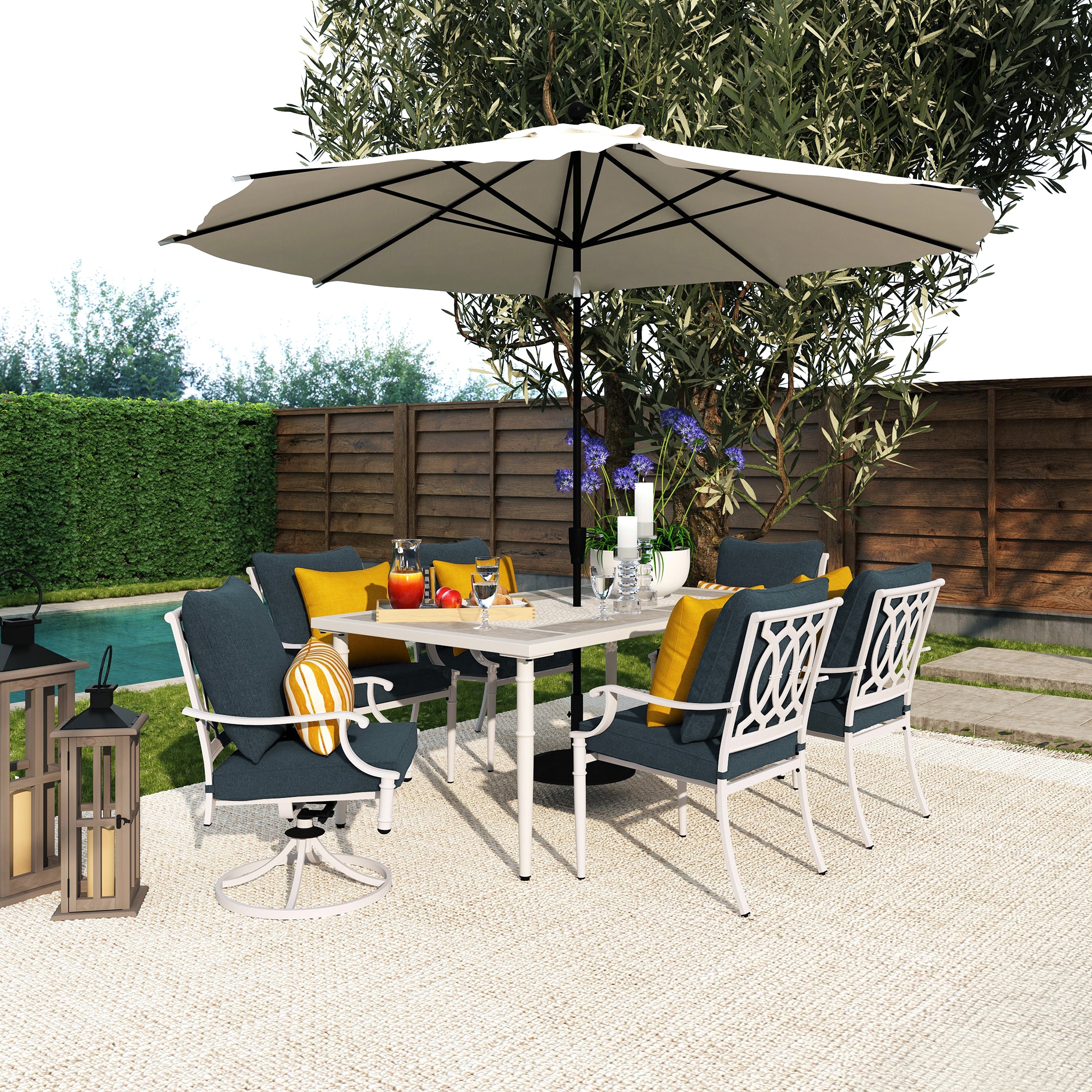 allen + roth LOS23006-2 Thomas Lake 7 -Piece White Patio Dining Set Steel Rectangle Table with 6 Blue Cushions Stationary and Motion Chairs