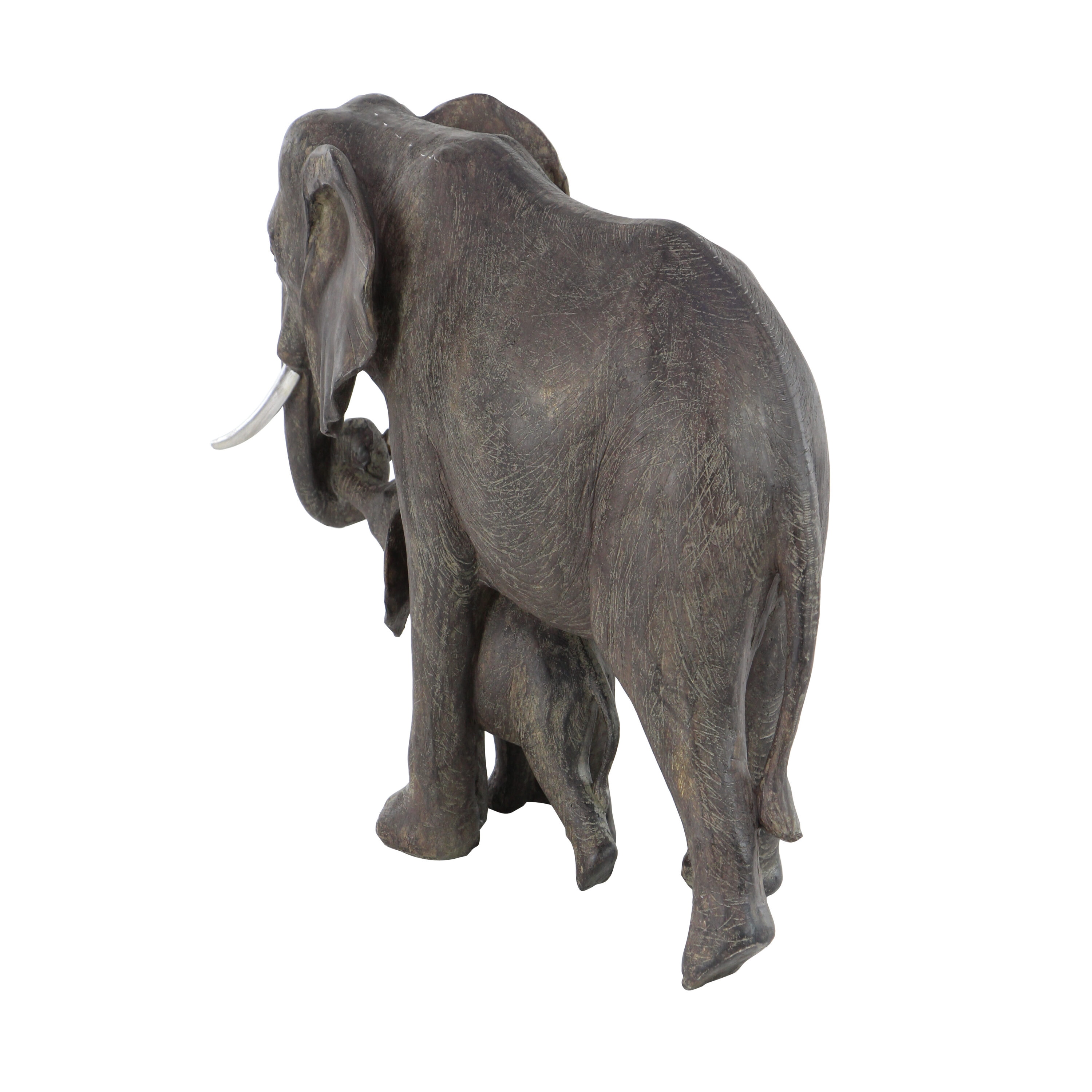 Gray Resin Elephant Mother and Calf Sculpture