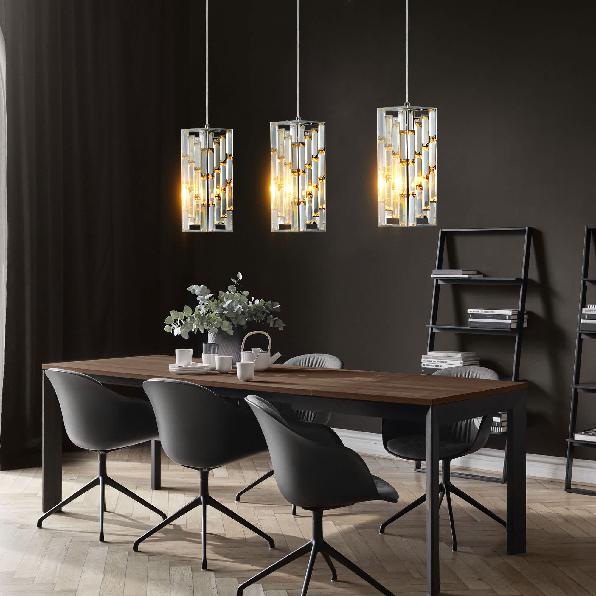 JCFL CD-HL-12 4 in. Chrome Crystal and Iron Modern Crystal Pendant Light - 3 Pack Adjustable Hanging Ceiling Lamp with Crystal Prism Design