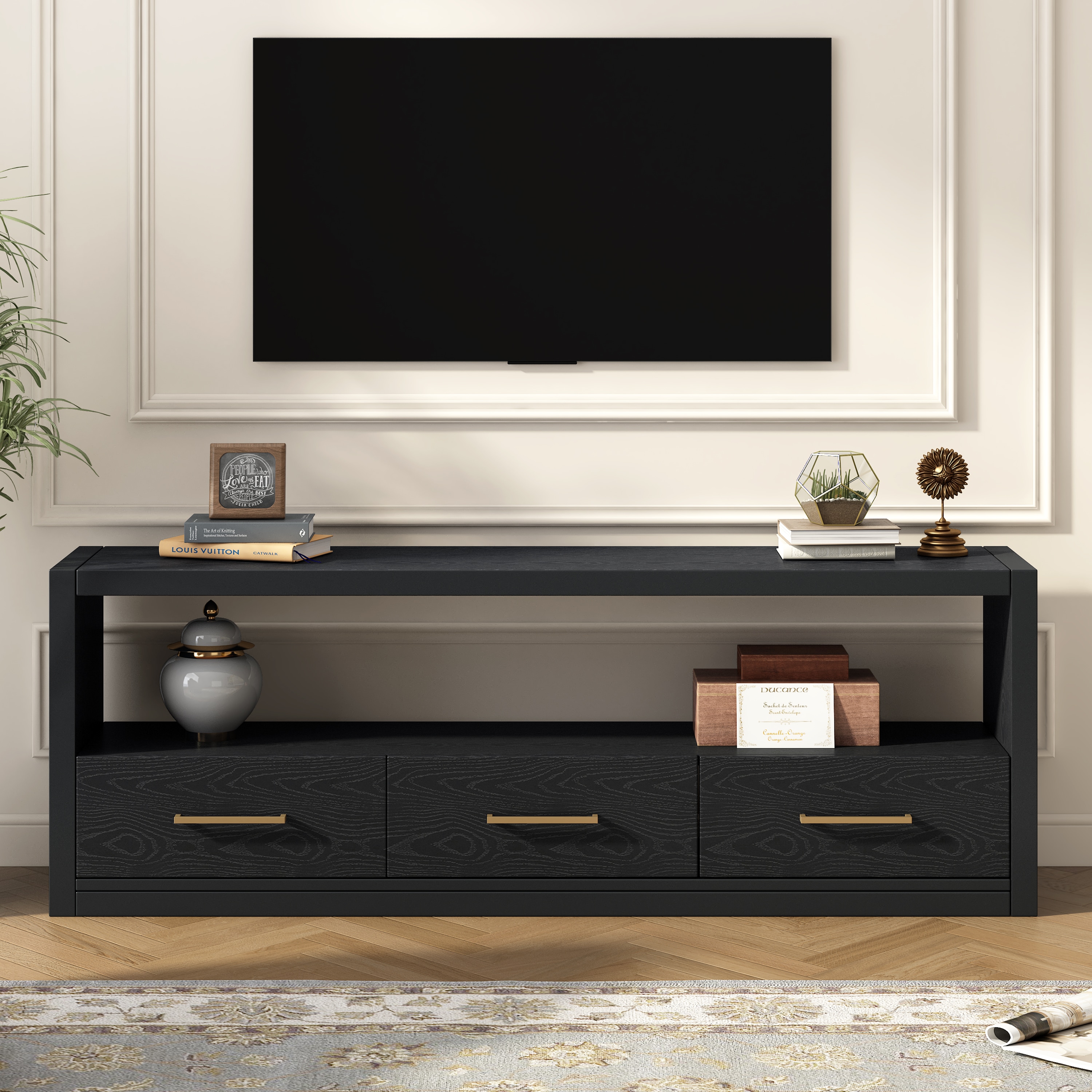 ModernLuxe N760P251944B Mirod Stylish TV Stand with Ample StorageClassic Design with Three Drawers and Spacious SurfaceMinimalist Metal HandlesVersatile as TV Console or Side Cabinet