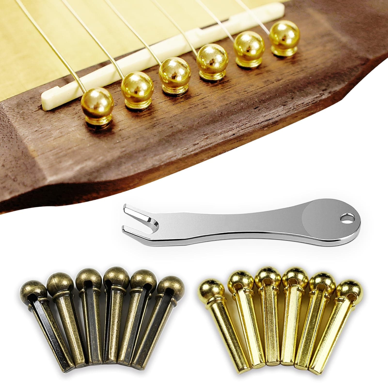 Aoibox  Metal Acoustic Guitar Bridge Pin Set with Pin Puller Remover Tool and 2 Metal Guitar Picks