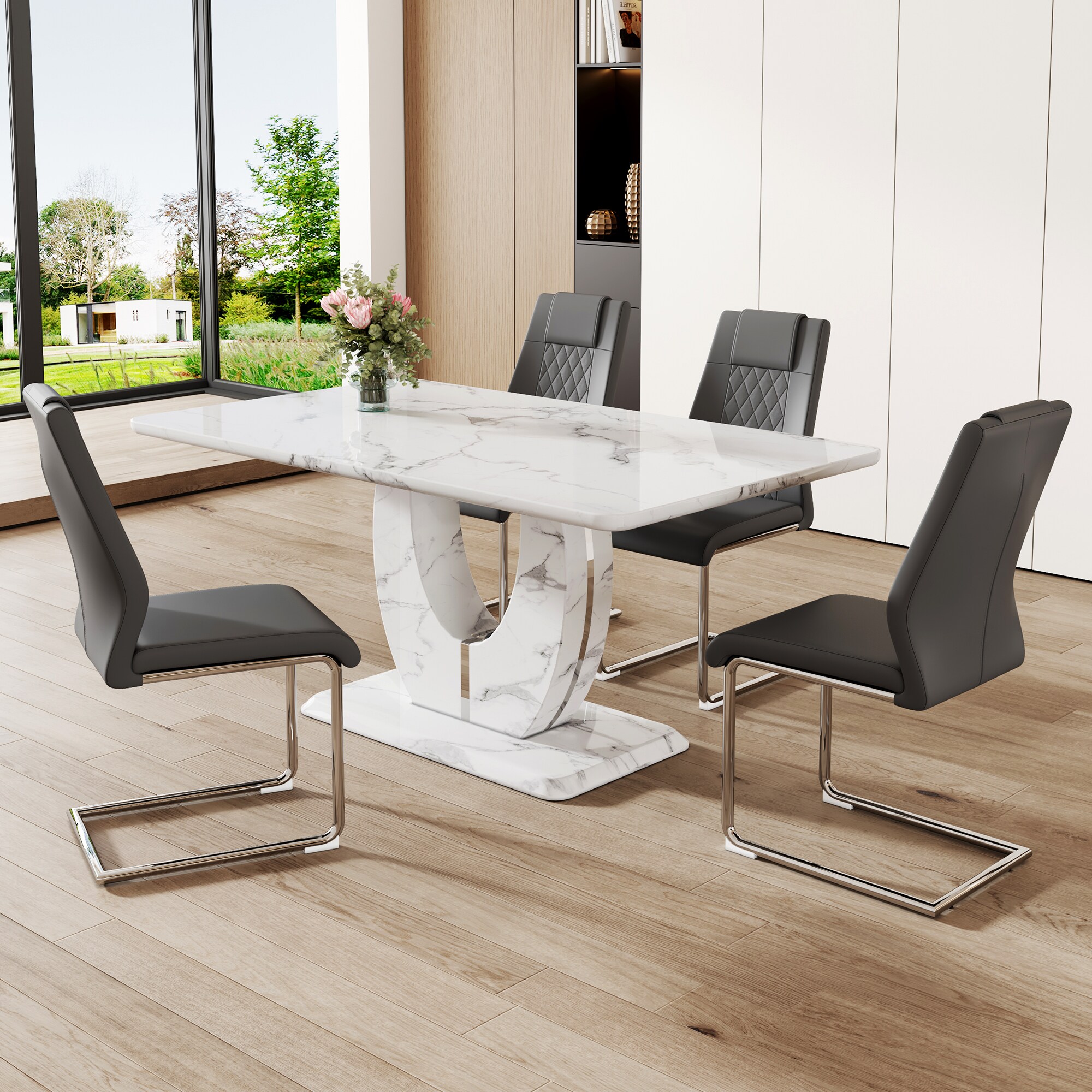LOVMOR Table and chair set Marble Pattern MDF Dining Set - 63 x 37in ...