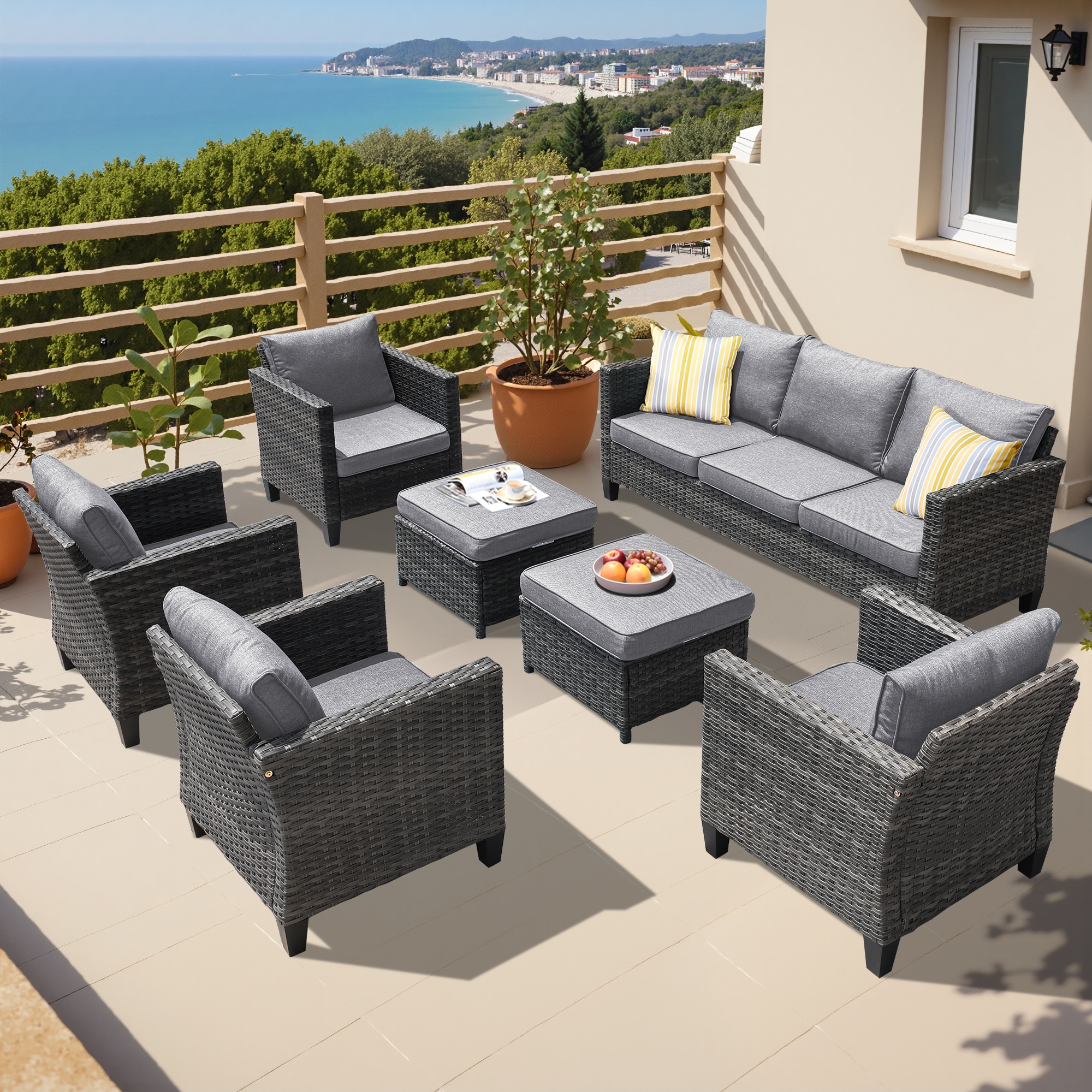 Ovios GRS002-7 7 -Piece Wicker Patio Sofa Conversation Set with Gray Cushions