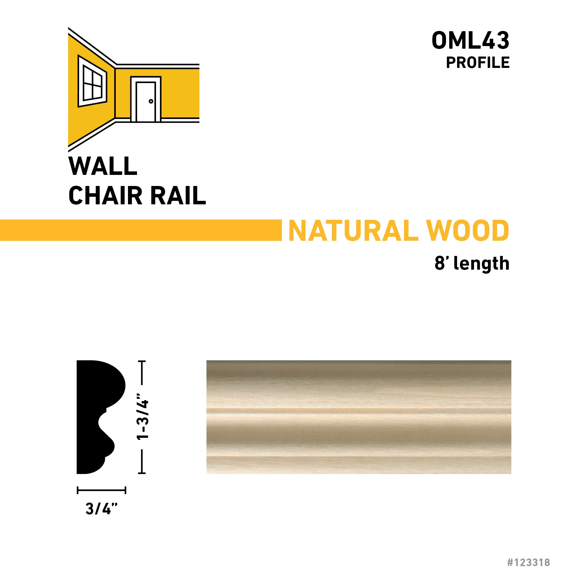 Ornamental Mouldings OML43-8FTWHW Chair-Rail-Moulding - View #3