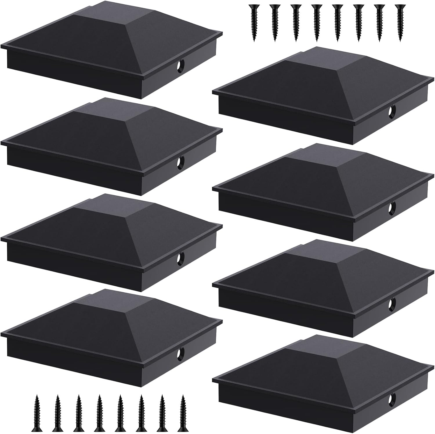 Etokfoks  4x4 Wood Fence Post Caps 8 Pack 3 6 Inch Waterproof Black Frosted PP Plastic Deck Railing Covers with Screws and Spare Accessories