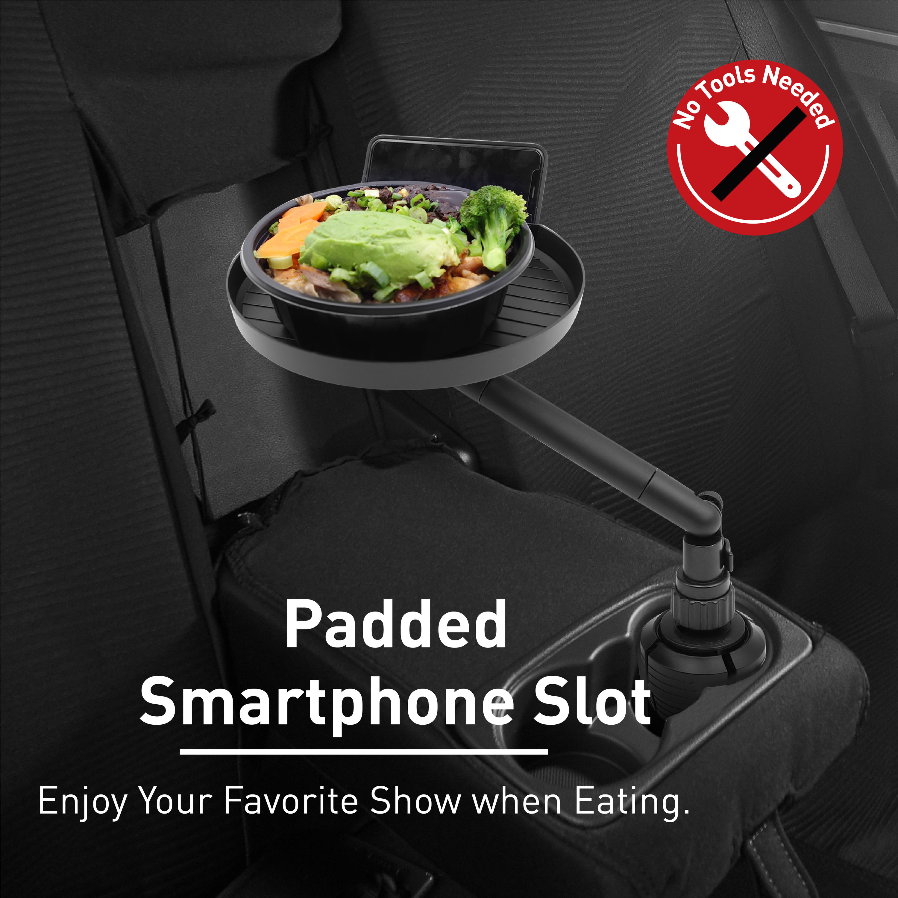 Cup Holder Tray for Car - Adjustable Car Tray Table - Perfect for Eating in Your Car with 9 inch Surface, Phone Slot, and 360? Swivel Arm - Car Food