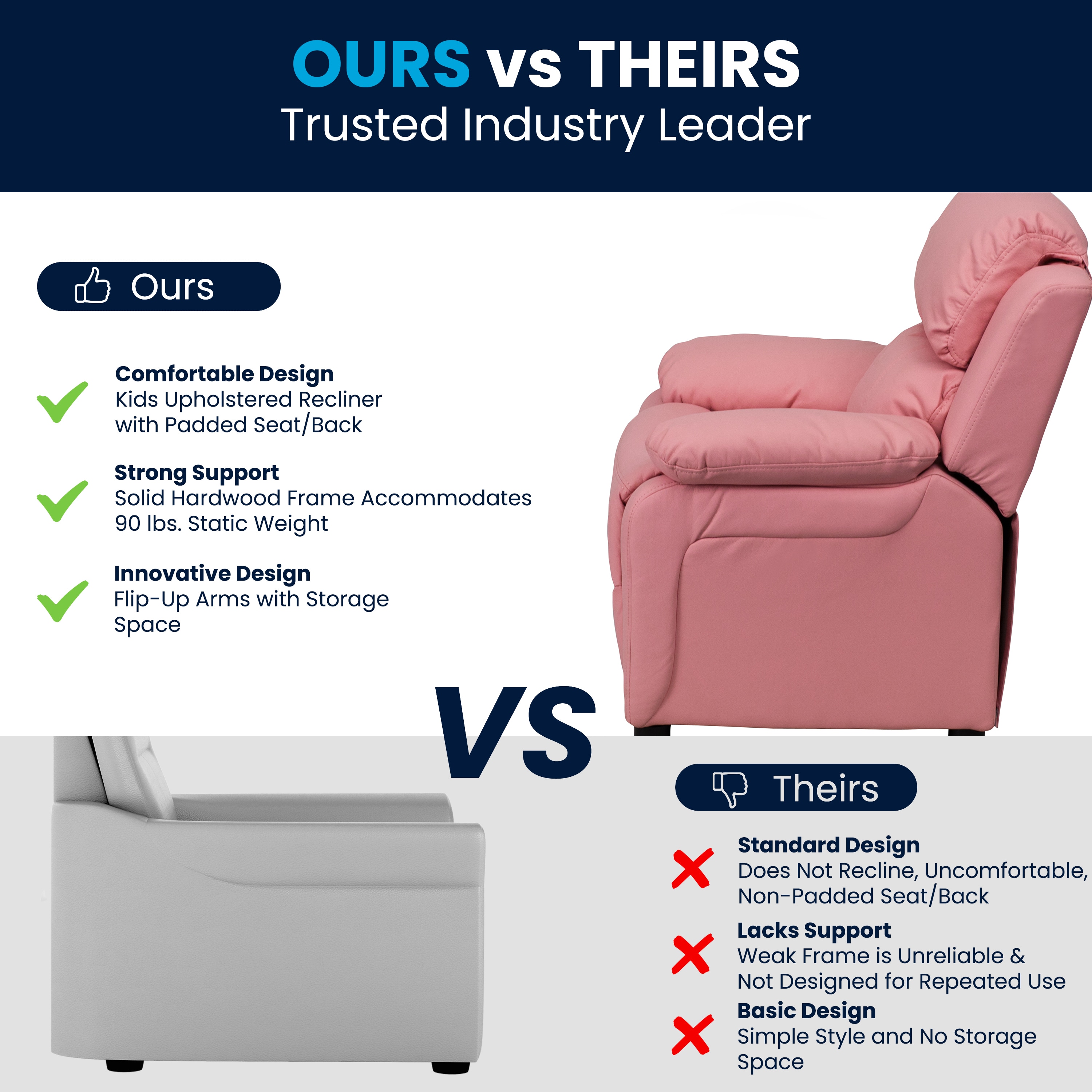 Pink Microfiber Kids Recliner with Storage Arms