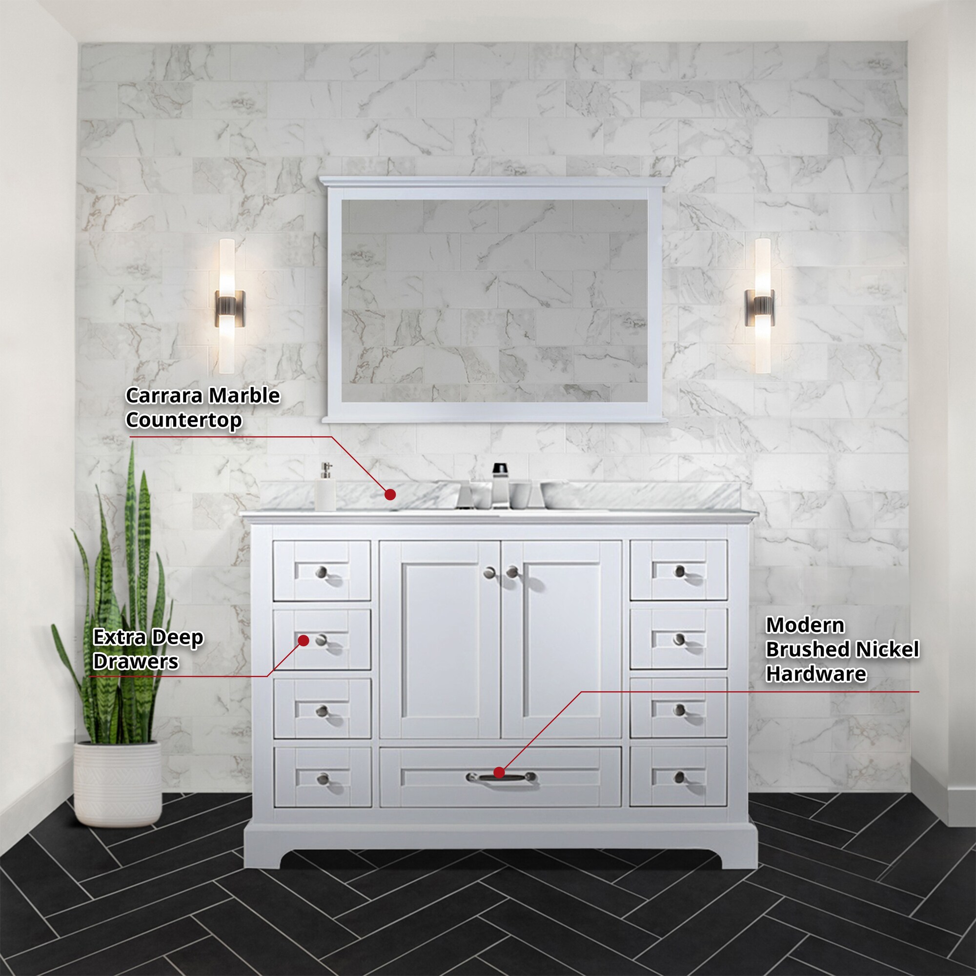 Dukes 48" White Marble Top Vanity with Mirror and Faucet