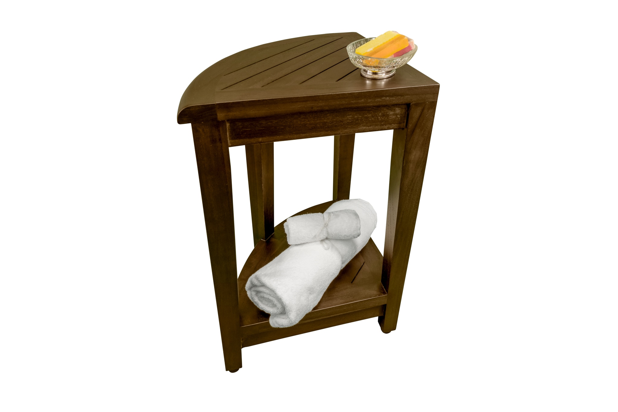 23" Dark Brown Teak Corner Shower Shelf with Adjustable Feet