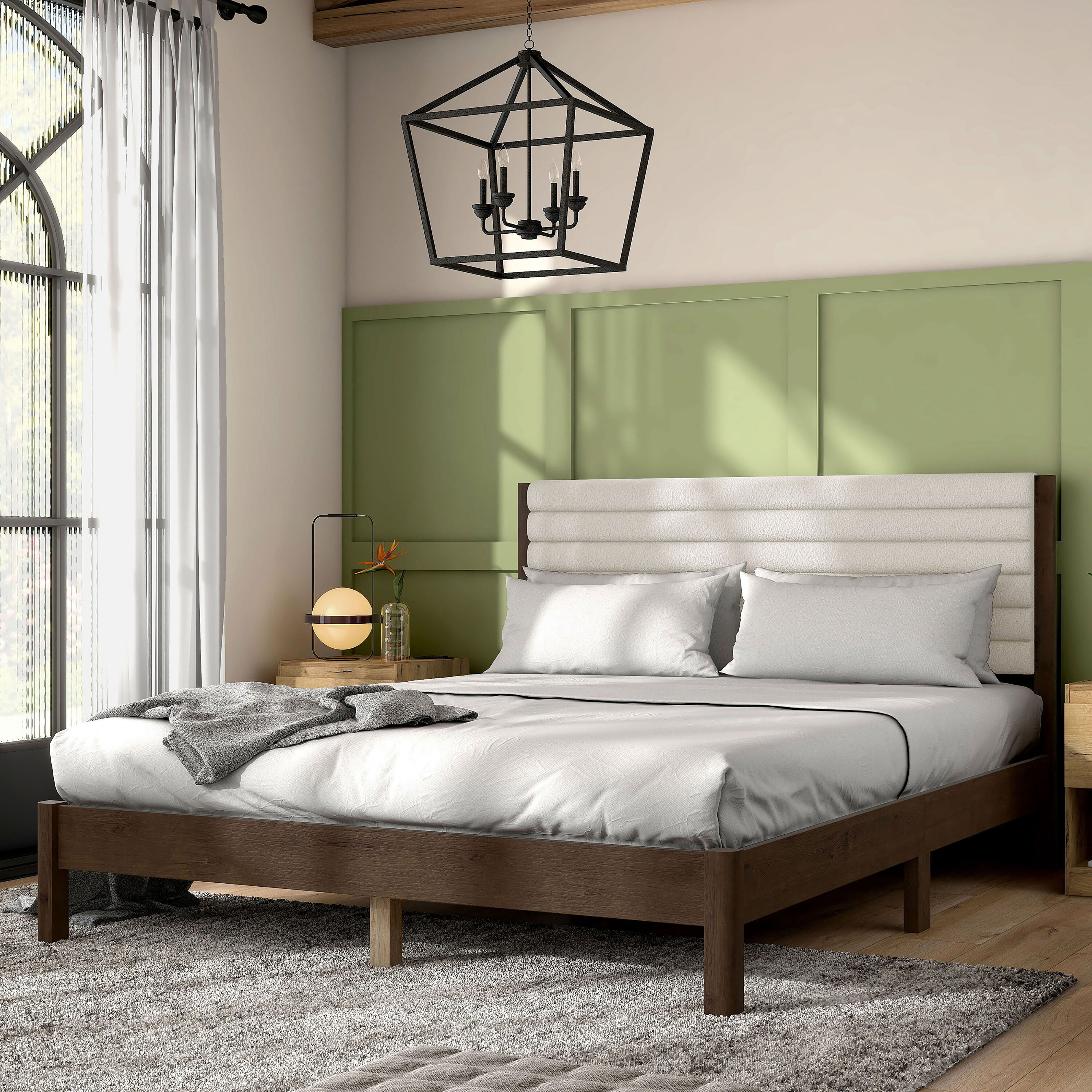Furniture of America EC-7222WH-Q Adin Dark Walnut, White Queen Wood Platform Bed