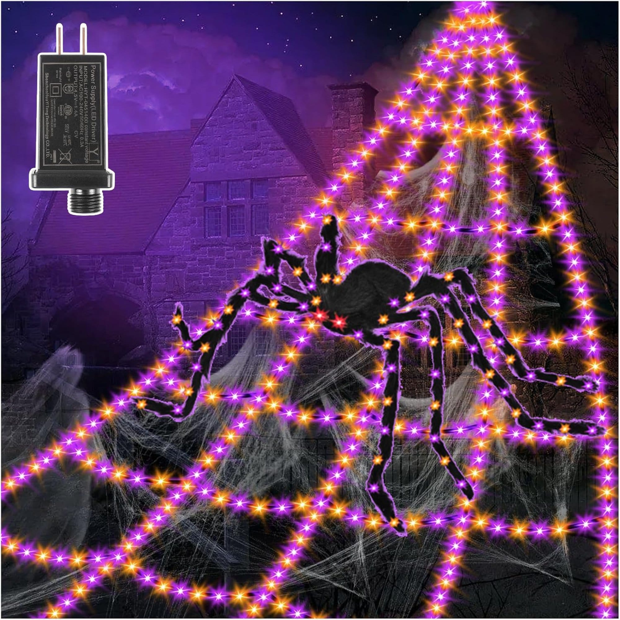 Angel Sar 16.4 Feet 550 LED Giant Halloween Spider Web Lights with 4ft Spider 8 Modes Timer Waterproof for Outdoor Yard Porch Garden Party Decor